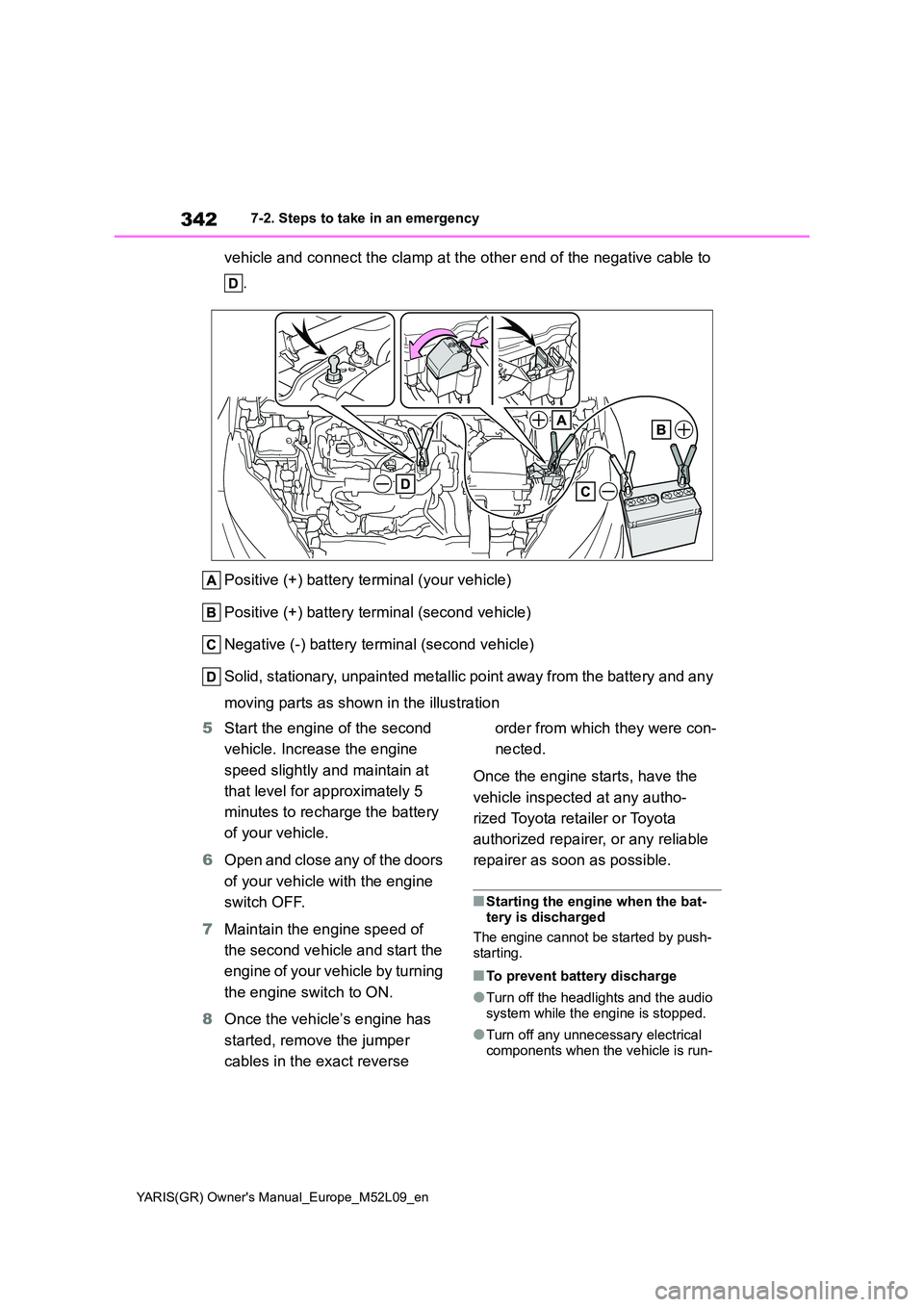 TOYOTA GR YARIS 2021 Owners Manual 342
YARIS(GR) Owners Manual_Europe_M52L09_en
7-2. Steps to take in an emergency
vehicle and connect the clamp at the other end of the negative cable to
.
Positive (+) battery terminal (your vehicl TOYOTA GR YARIS 2021 Owners Manual 342
YARIS(GR) Owners Manual_Europe_M52L09_en
7-2. Steps to take in an emergency
vehicle and connect the clamp at the other end of the negative cable to
.
Positive (+) battery terminal (your vehicl