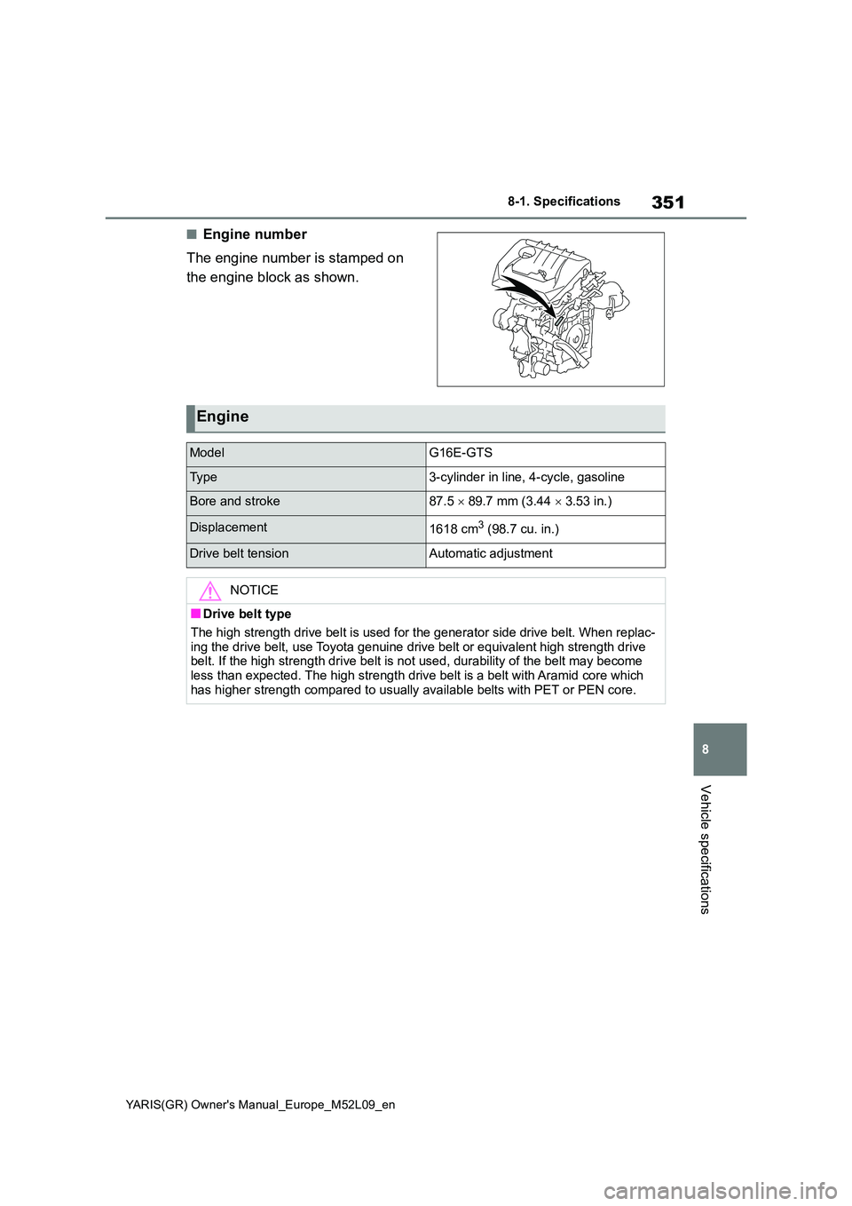 TOYOTA GR YARIS 2020 Owners Manual 351
8
YARIS(GR) Owners Manual_Europe_M52L09_en
8-1. Specifications
Vehicle specifications
■Engine number
The engine number is stamped on
the engine block as shown.
Engine
ModelG16E-GTS
Ty p e3-c TOYOTA GR YARIS 2020 Owners Manual 351
8
YARIS(GR) Owners Manual_Europe_M52L09_en
8-1. Specifications
Vehicle specifications
■Engine number
The engine number is stamped on
the engine block as shown.
Engine
ModelG16E-GTS
Ty p e3-c