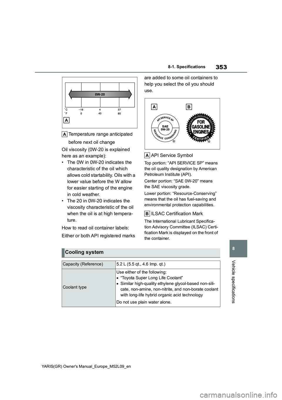 TOYOTA GR YARIS 2020 Owners Manual 353
8
YARIS(GR) Owners Manual_Europe_M52L09_en
8-1. Specifications
Vehicle specifications
Temperature range anticipated
before next oil change
Oil viscosity (0W-20 is explained
here as an example): TOYOTA GR YARIS 2020 Owners Manual 353
8
YARIS(GR) Owners Manual_Europe_M52L09_en
8-1. Specifications
Vehicle specifications
Temperature range anticipated
before next oil change
Oil viscosity (0W-20 is explained
here as an example):