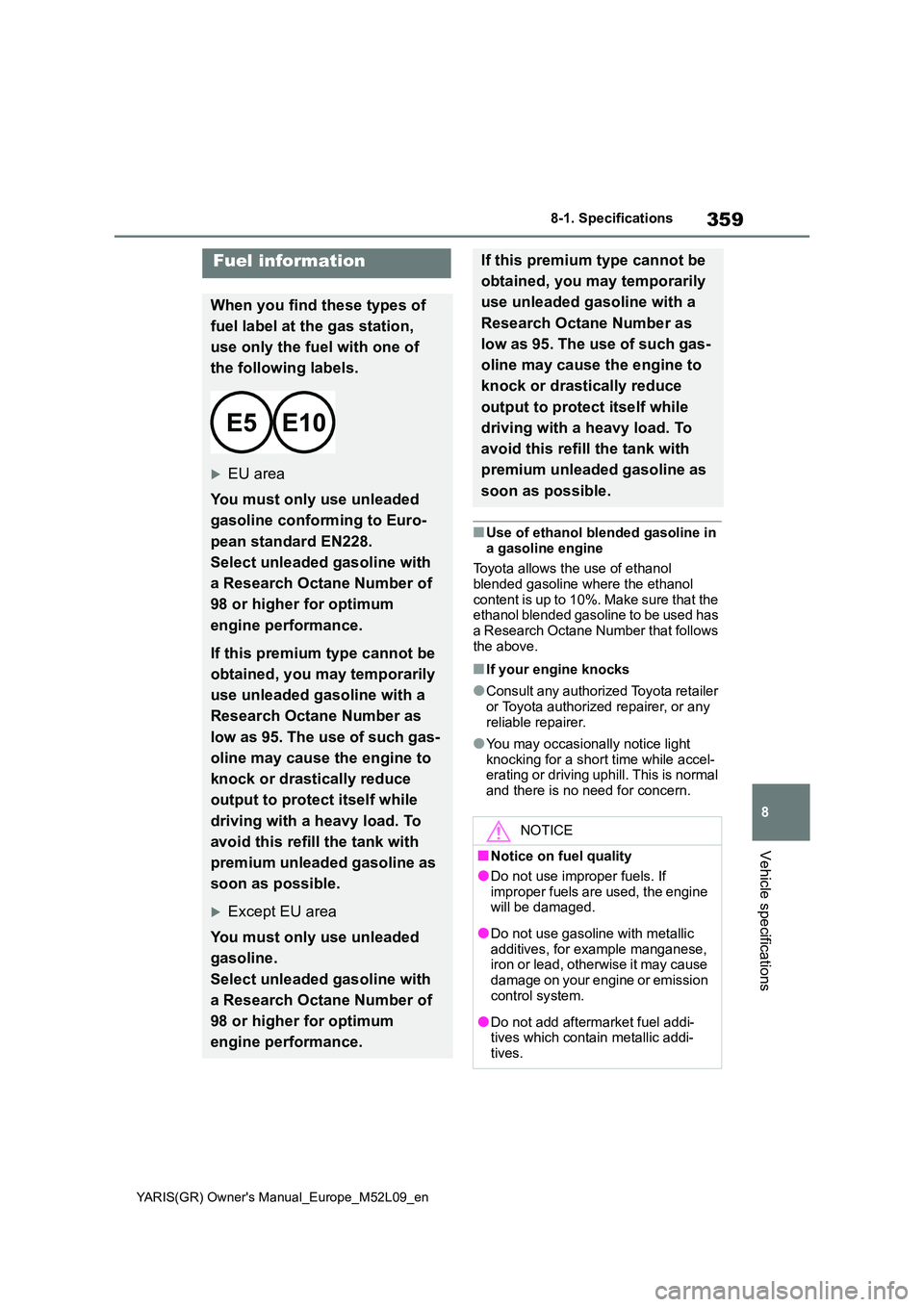 TOYOTA GR YARIS 2020 Owners Manual 359
8
YARIS(GR) Owners Manual_Europe_M52L09_en
8-1. Specifications
Vehicle specifications
■Use of ethanol blended gasoline in
a gasoline engine
Toyota allows the use of ethanol blended gasoline TOYOTA GR YARIS 2020 Owners Manual 359
8
YARIS(GR) Owners Manual_Europe_M52L09_en
8-1. Specifications
Vehicle specifications
■Use of ethanol blended gasoline in
a gasoline engine
Toyota allows the use of ethanol blended gasoline