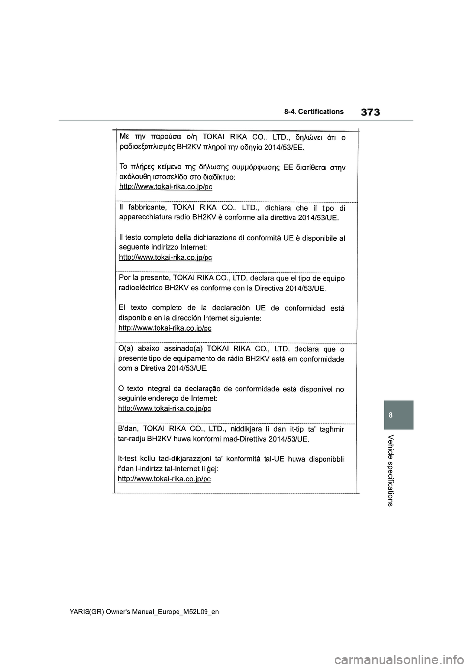 TOYOTA GR YARIS 2020 Owners Manual 373
8
YARIS(GR) Owners Manual_Europe_M52L09_en
8-4. Certifications
Vehicle specifications TOYOTA GR YARIS 2020 Owners Manual 373
8
YARIS(GR) Owners Manual_Europe_M52L09_en
8-4. Certifications
Vehicle specifications
