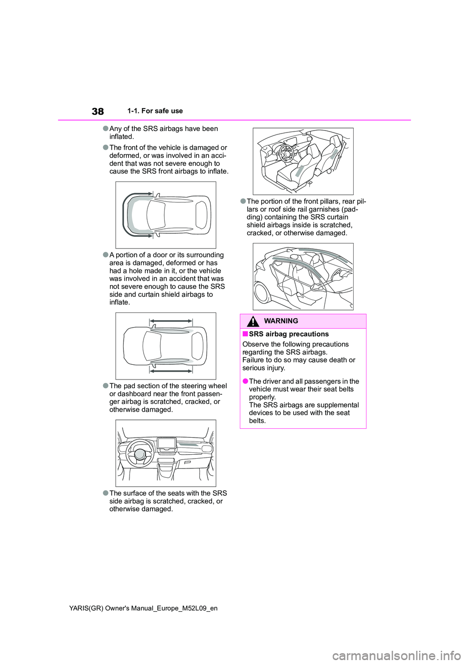 TOYOTA GR YARIS 2020 Owners Guide 38
YARIS(GR) Owners Manual_Europe_M52L09_en
1-1. For safe use
●Any of the SRS airbags have been  
inflated.
●The front of the vehicle is damaged or 
deformed, or was involved in an acci- dent tha