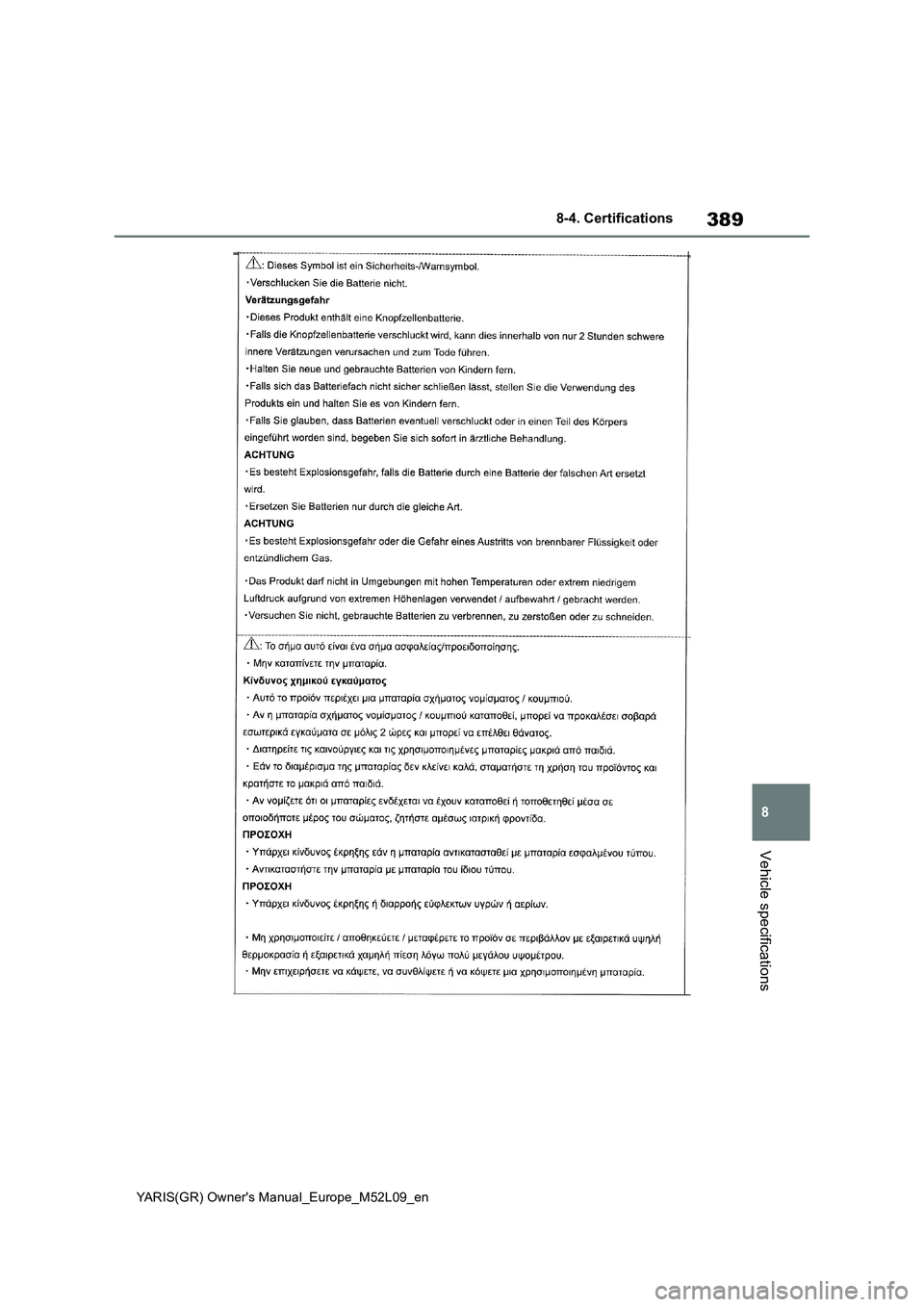 TOYOTA GR YARIS 2020 Owners Manual 389
8
YARIS(GR) Owners Manual_Europe_M52L09_en
8-4. Certifications
Vehicle specifications TOYOTA GR YARIS 2020 Owners Manual 389
8
YARIS(GR) Owners Manual_Europe_M52L09_en
8-4. Certifications
Vehicle specifications