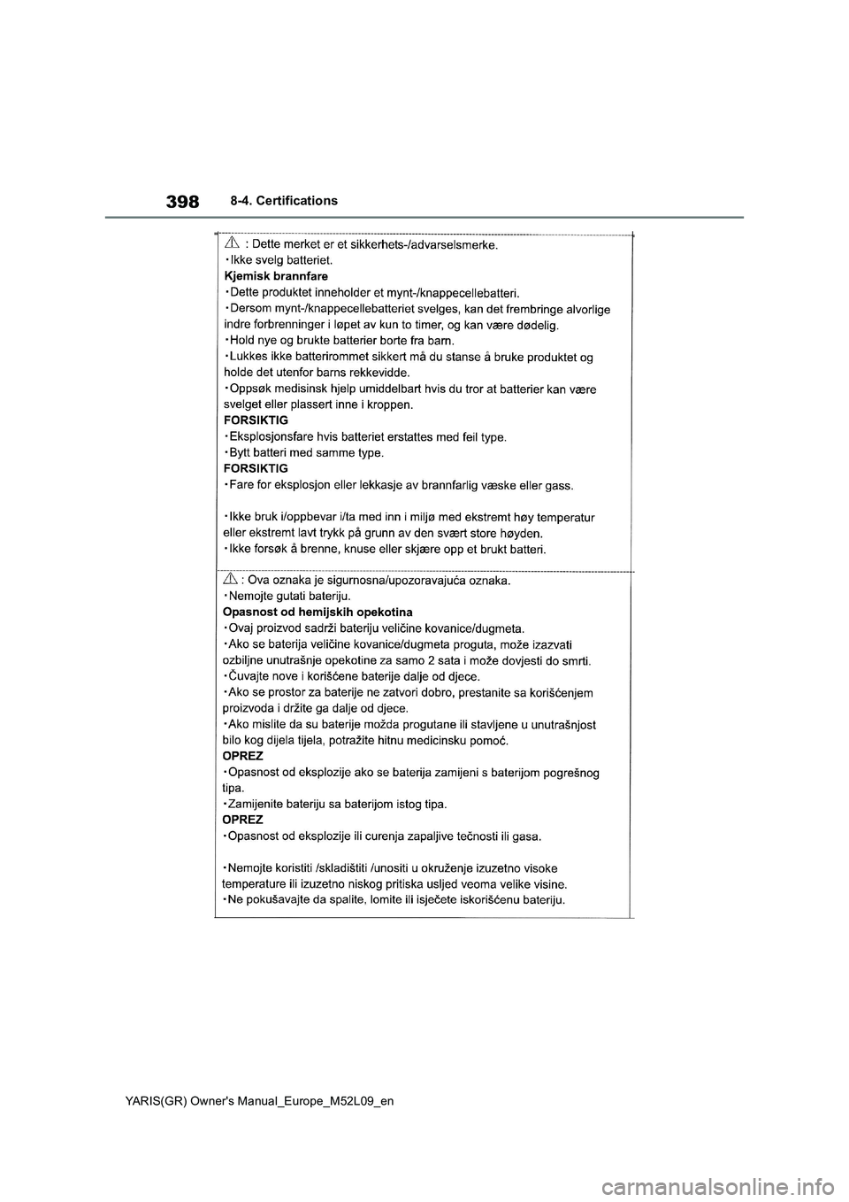 TOYOTA GR YARIS 2020 Owners Manual 398
YARIS(GR) Owners Manual_Europe_M52L09_en
8-4. Certifications TOYOTA GR YARIS 2020 Owners Manual 398
YARIS(GR) Owners Manual_Europe_M52L09_en
8-4. Certifications