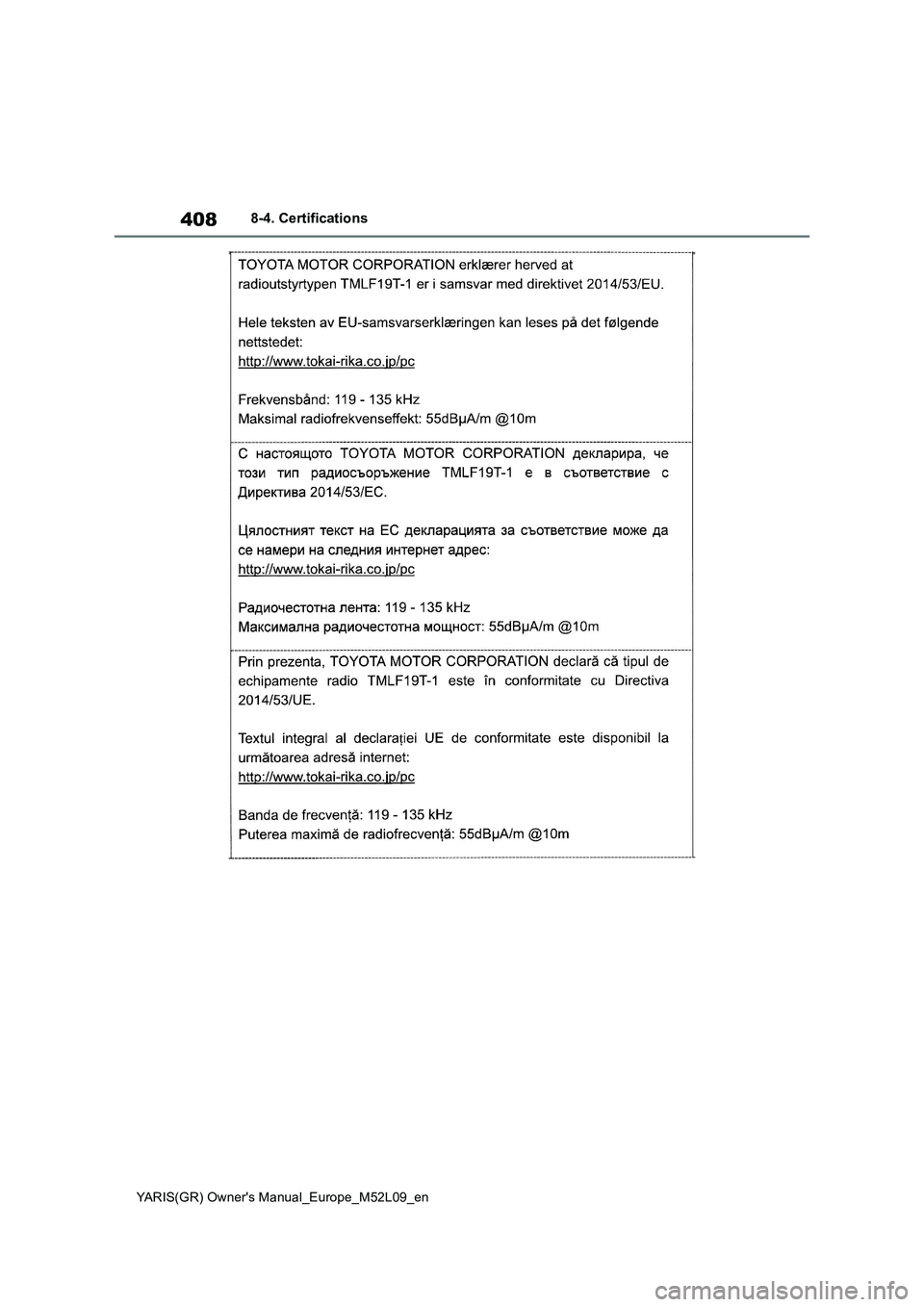 TOYOTA GR YARIS 2020  Owners Manual 408
YARIS(GR) Owners Manual_Europe_M52L09_en
8-4. Certifications 