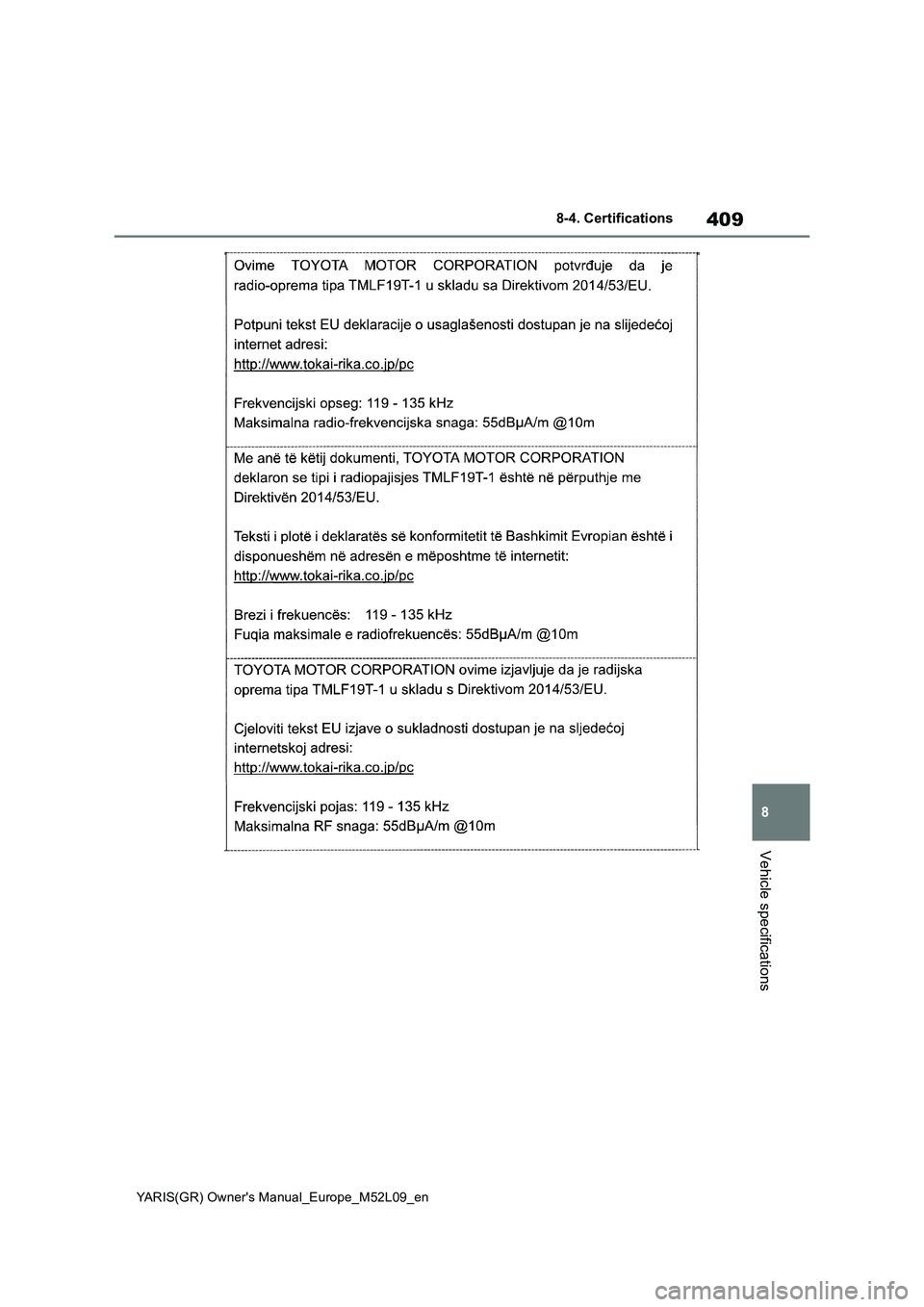 TOYOTA GR YARIS 2020 Owners Manual 409
8
YARIS(GR) Owners Manual_Europe_M52L09_en
8-4. Certifications
Vehicle specifications TOYOTA GR YARIS 2020 Owners Manual 409
8
YARIS(GR) Owners Manual_Europe_M52L09_en
8-4. Certifications
Vehicle specifications