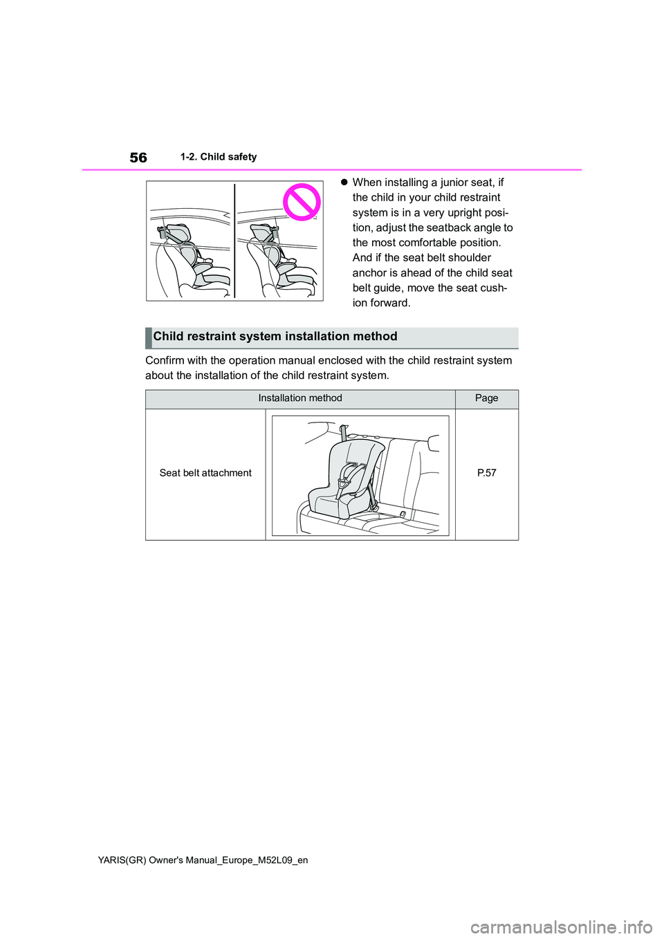TOYOTA GR YARIS 2021 Workshop Manual 56
YARIS(GR) Owners Manual_Europe_M52L09_en
1-2. Child safety
�zWhen installing a junior seat, if  
the child in your child restraint  
system is in a very upright posi- 
tion, adjust the seatback an