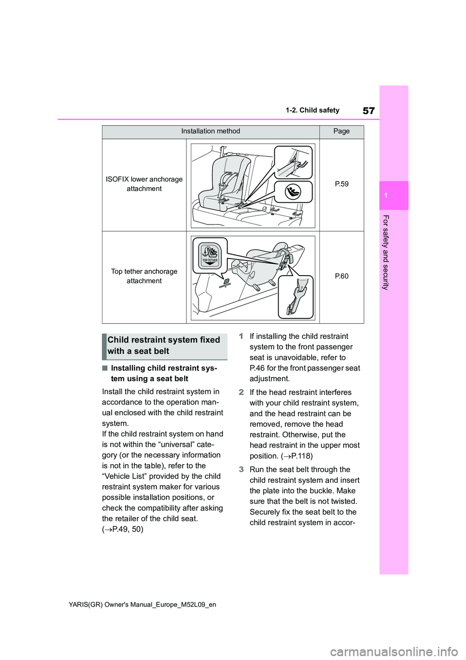TOYOTA GR YARIS 2021 Workshop Manual 57
1
YARIS(GR) Owners Manual_Europe_M52L09_en
1-2. Child safety
For safety and security
■Installing child restraint sys- 
tem using a seat belt 
Install the child restraint system in  
accordance t