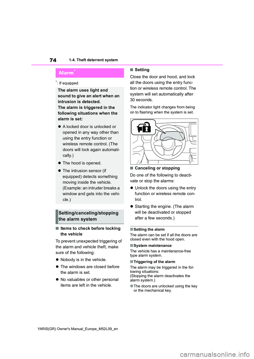 TOYOTA GR YARIS 2021  Owners Manual 74
YARIS(GR) Owners Manual_Europe_M52L09_en
1-4. Theft deterrent system
*: If equipped
■Items to check before locking  
the vehicle 
To prevent unexpected triggering of  
the alarm and vehicle thef