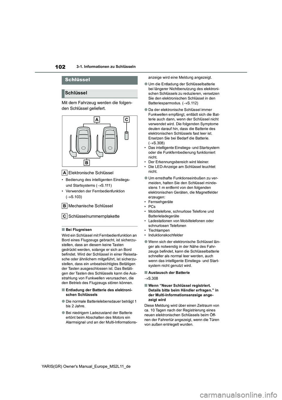 TOYOTA GR YARIS 2021 Betriebsanleitungen (in German) 102
YARIS(GR) Owners Manual_Europe_M52L11_de
3-1. Informationen zu Schlüsseln
3-1.In formatione n zu Schlüss eln
Mit dem Fahrzeug werden die folgen-
den Schlüssel geliefert.
Elektronische Schl TOYOTA GR YARIS 2021 Betriebsanleitungen (in German) 102
YARIS(GR) Owners Manual_Europe_M52L11_de
3-1. Informationen zu Schlüsseln
3-1.In formatione n zu Schlüss eln
Mit dem Fahrzeug werden die folgen-
den Schlüssel geliefert.
Elektronische Schl