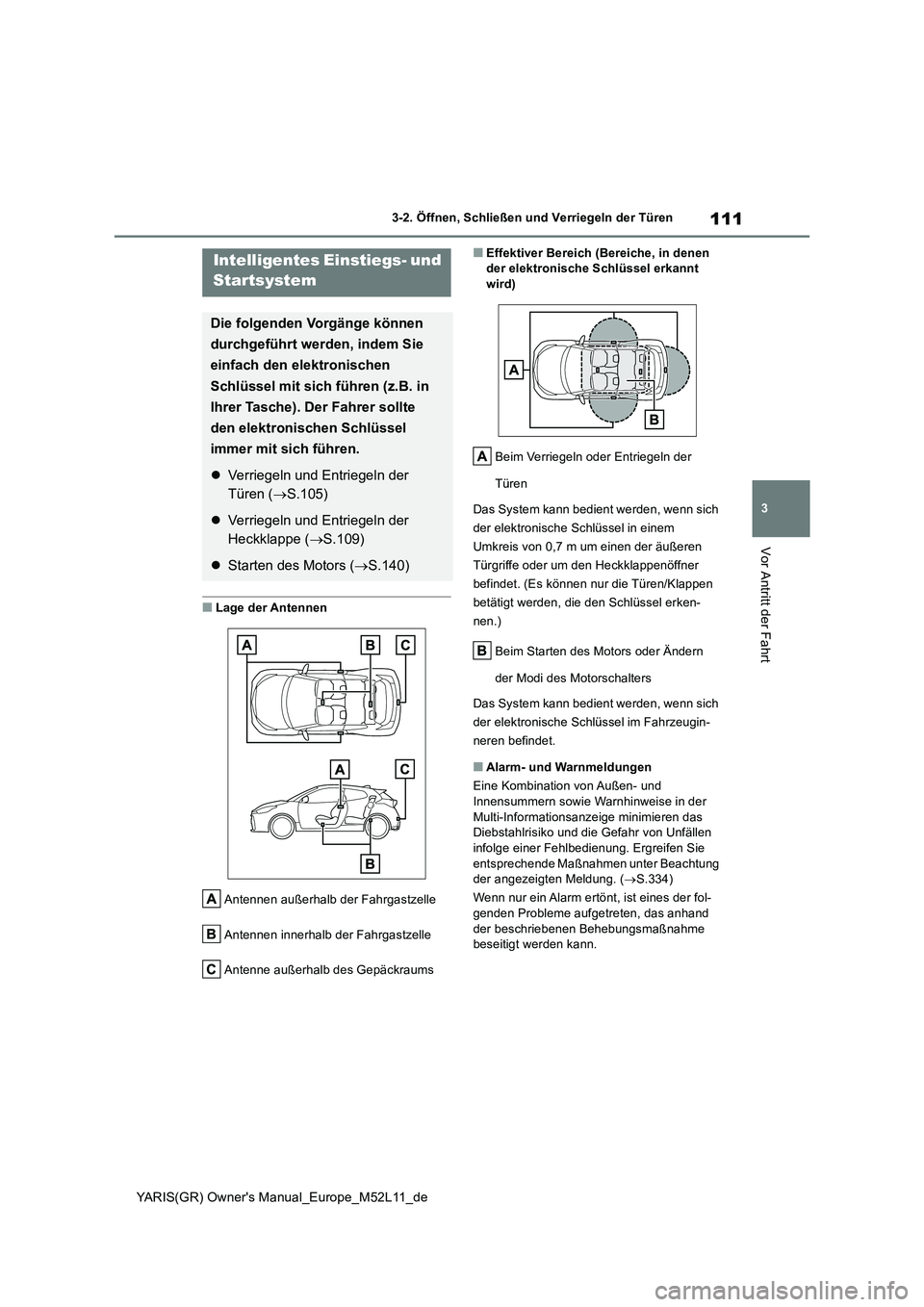 TOYOTA GR YARIS 2021 Betriebsanleitungen (in German) 111
3
YARIS(GR) Owners Manual_Europe_M52L11_de
3-2. Öffnen, Schließen und Verriegeln der Türen
Vor Antritt der Fahrt
■Lage der Antennen
Antennen außerhalb der Fahrgastzelle
Antennen innerhalb TOYOTA GR YARIS 2021 Betriebsanleitungen (in German) 111
3
YARIS(GR) Owners Manual_Europe_M52L11_de
3-2. Öffnen, Schließen und Verriegeln der Türen
Vor Antritt der Fahrt
■Lage der Antennen
Antennen außerhalb der Fahrgastzelle
Antennen innerhalb