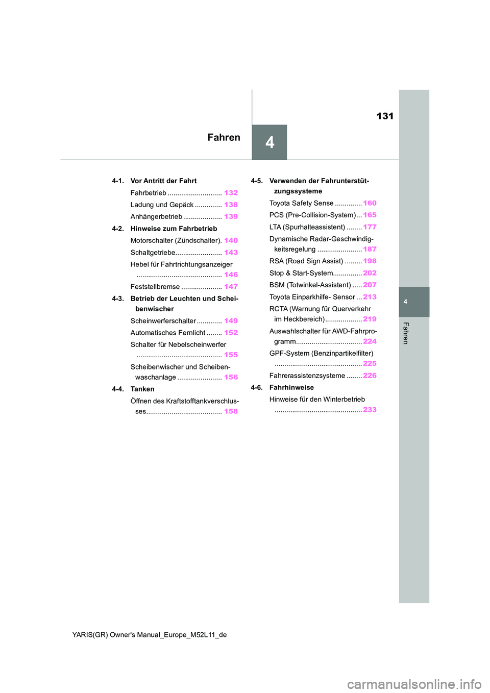 TOYOTA GR YARIS 2020  Betriebsanleitungen (in German) 4
131
YARIS(GR) Owners Manual_Europe_M52L11_de
4
Fahren
Fahren
4-1. Vor Antritt der Fahrt 
Fahrbetrieb ............................ 132 
Ladung und Gepäck .............. 138 
Anhängerbetrieb ......