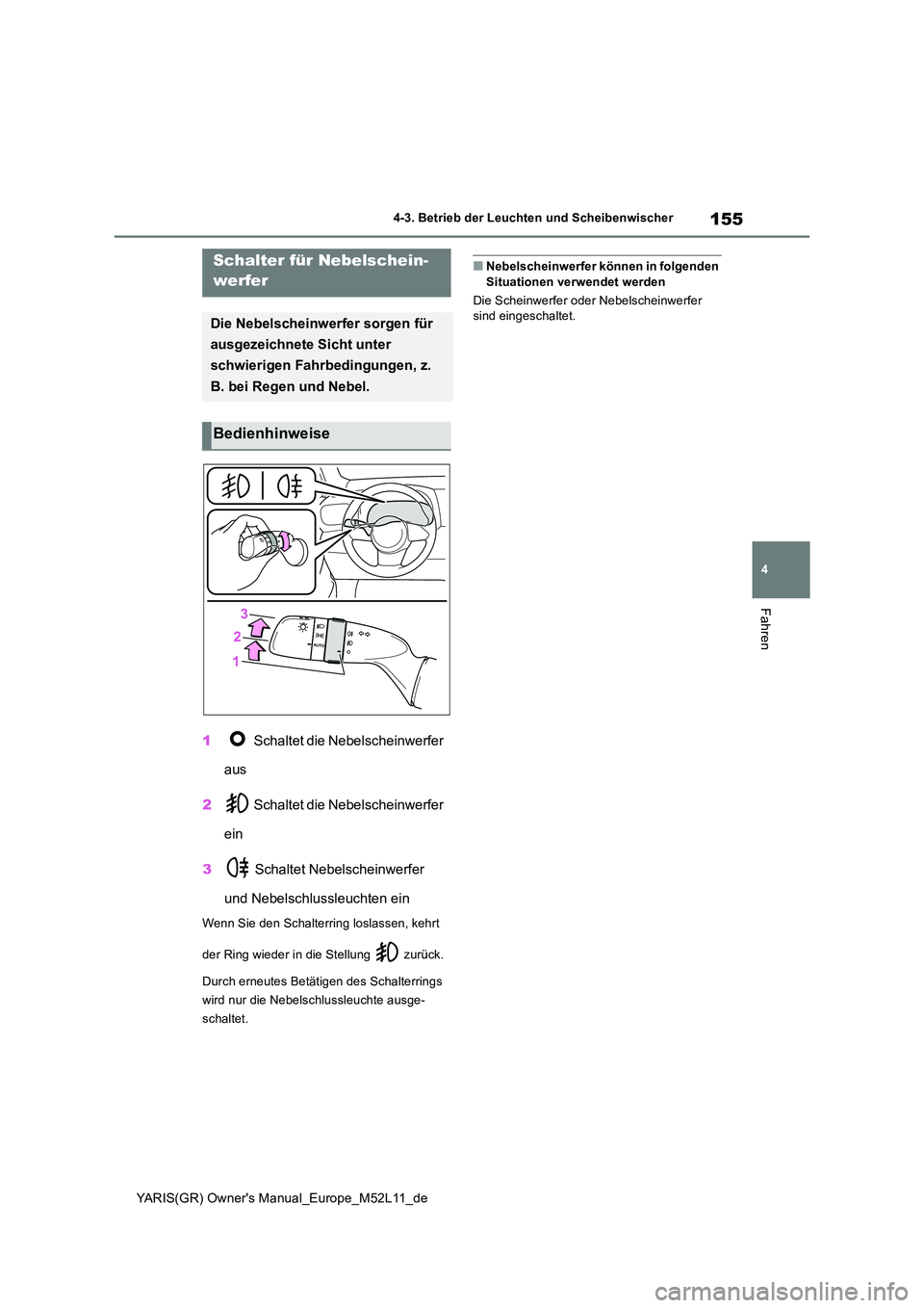 TOYOTA GR YARIS 2021 Betriebsanleitungen (in German) 155
4
YARIS(GR) Owners Manual_Europe_M52L11_de
4-3. Betrieb der Leuchten und Scheibenwischer
Fahren
1 Schaltet die Nebelscheinwerfer
aus
2 Schaltet die Nebelscheinwerfer
ein
3 Schaltet Nebels TOYOTA GR YARIS 2021 Betriebsanleitungen (in German) 155
4
YARIS(GR) Owners Manual_Europe_M52L11_de
4-3. Betrieb der Leuchten und Scheibenwischer
Fahren
1 Schaltet die Nebelscheinwerfer
aus
2 Schaltet die Nebelscheinwerfer
ein
3 Schaltet Nebels