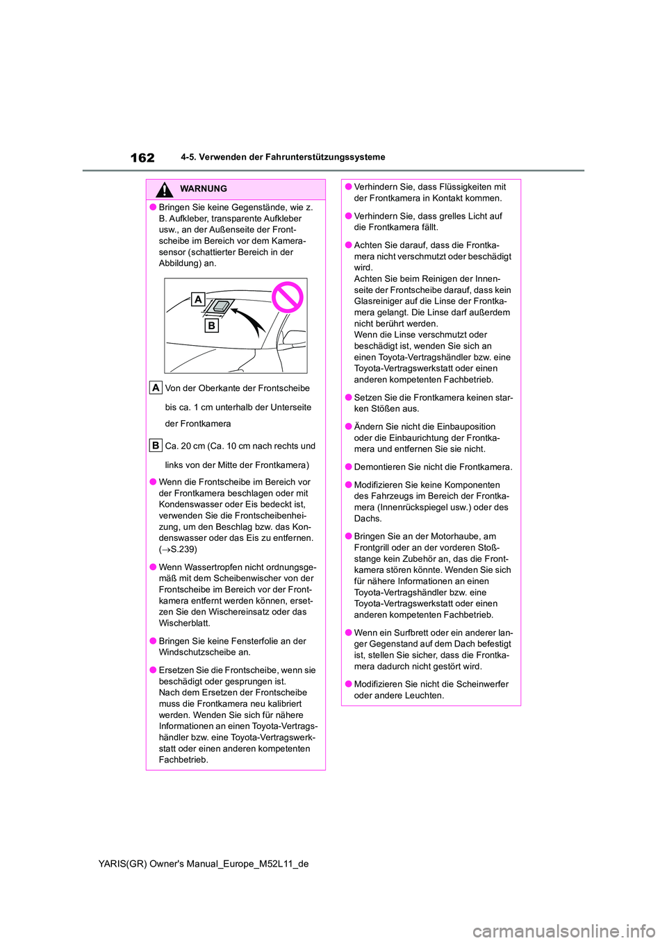 TOYOTA GR YARIS 2021  Betriebsanleitungen (in German) 162
YARIS(GR) Owners Manual_Europe_M52L11_de
4-5. Verwenden der Fahrunterstützungssysteme
WARNUNG
●Bringen Sie keine Gegenstände, wie z.  
B. Aufkleber,  transparente Aufkleber  usw., an der Auß