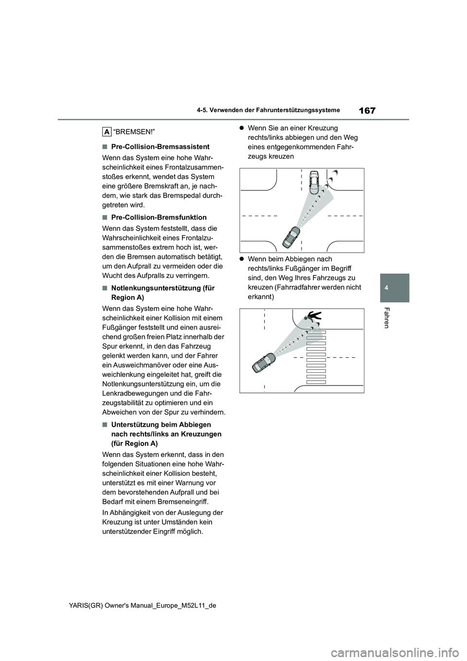 TOYOTA GR YARIS 2021  Betriebsanleitungen (in German) 167
4
YARIS(GR) Owners Manual_Europe_M52L11_de
4-5. Verwenden der Fahrunterstützungssysteme
Fahren
“BREMSEN!”
■Pre-Collision-Bremsassistent 
Wenn das System eine hohe Wahr- 
scheinlichkeit ein