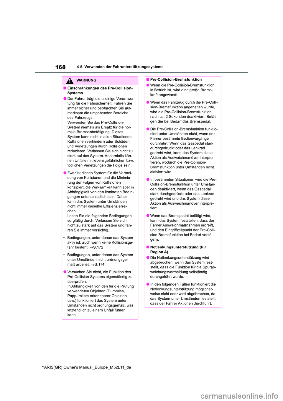 TOYOTA GR YARIS 2021  Betriebsanleitungen (in German) 168
YARIS(GR) Owners Manual_Europe_M52L11_de
4-5. Verwenden der Fahrunterstützungssysteme
WARNUNG
■Einschränkungen des Pre-Collision- 
Systems
●Der Fahrer trägt die alleinige Verantwor- tung f