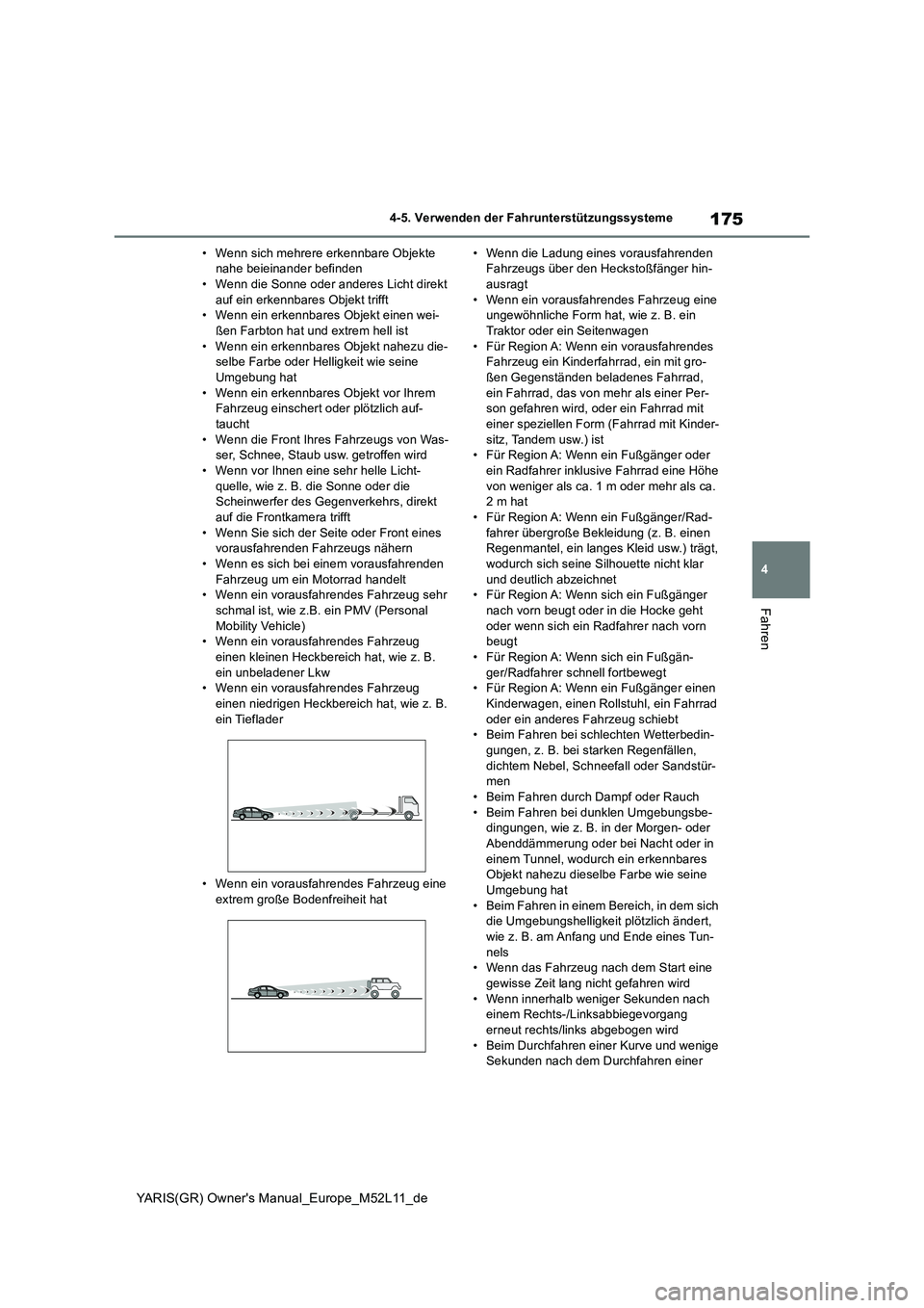 TOYOTA GR YARIS 2021 Betriebsanleitungen (in German) 175
4
YARIS(GR) Owners Manual_Europe_M52L11_de
4-5. Verwenden der Fahrunterstützungssysteme
Fahren
• Wenn sich mehrere erkennbare Objekte nahe beieinander befinden• Wenn die Sonne oder anderes TOYOTA GR YARIS 2021 Betriebsanleitungen (in German) 175
4
YARIS(GR) Owners Manual_Europe_M52L11_de
4-5. Verwenden der Fahrunterstützungssysteme
Fahren
• Wenn sich mehrere erkennbare Objekte nahe beieinander befinden• Wenn die Sonne oder anderes