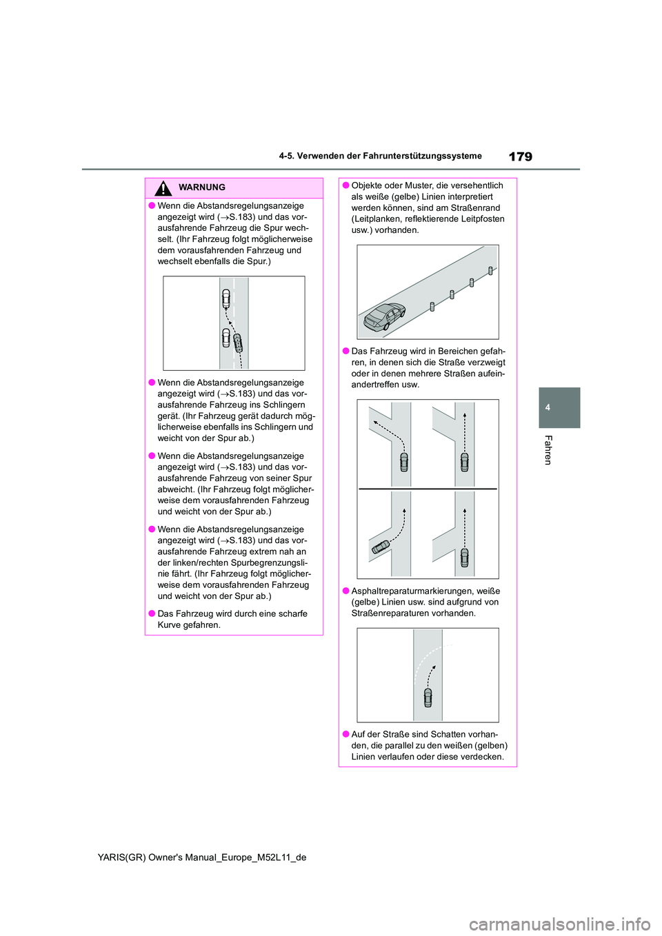 TOYOTA GR YARIS 2021 Betriebsanleitungen (in German) 179
4
YARIS(GR) Owners Manual_Europe_M52L11_de
4-5. Verwenden der Fahrunterstützungssysteme
Fahren
WARNUNG
●Wenn die Abstandsregelungsanzeige
angezeigt wird ( S.183) und das vor- ausfahrende TOYOTA GR YARIS 2021 Betriebsanleitungen (in German) 179
4
YARIS(GR) Owners Manual_Europe_M52L11_de
4-5. Verwenden der Fahrunterstützungssysteme
Fahren
WARNUNG
●Wenn die Abstandsregelungsanzeige
angezeigt wird ( S.183) und das vor- ausfahrende