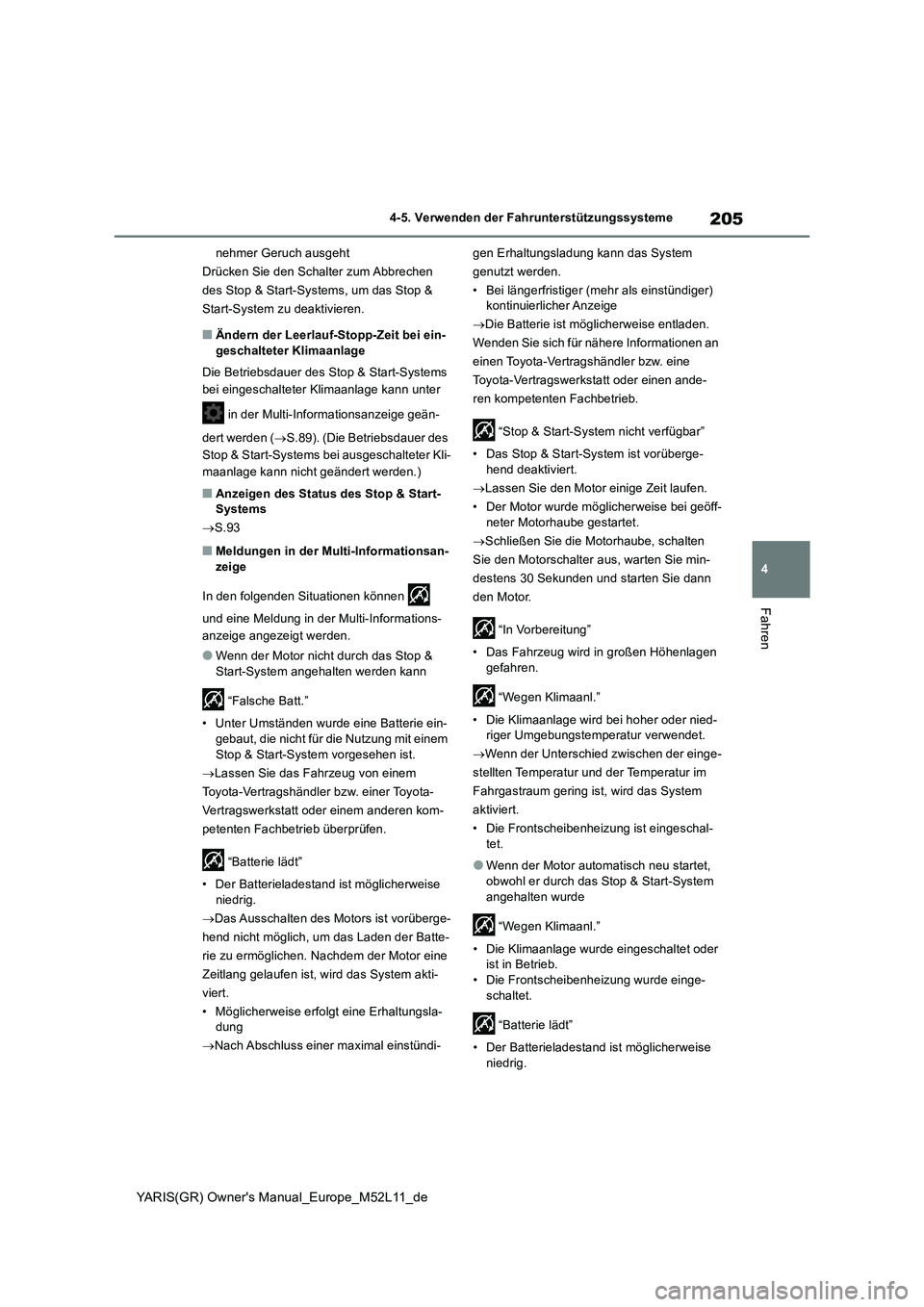 TOYOTA GR YARIS 2021 Betriebsanleitungen (in German) 205
4
YARIS(GR) Owner's Manual_Europe_M52L11_de
4-5. Verwenden der Fahrunterstützungssysteme
Fahren
nehmer Geruch ausgeht
Drücken Sie den Schalter zum Abbrechen
des Stop & Start-Systems, um das TOYOTA GR YARIS 2021 Betriebsanleitungen (in German) 205
4
YARIS(GR) Owner's Manual_Europe_M52L11_de
4-5. Verwenden der Fahrunterstützungssysteme
Fahren
nehmer Geruch ausgeht
Drücken Sie den Schalter zum Abbrechen
des Stop & Start-Systems, um das