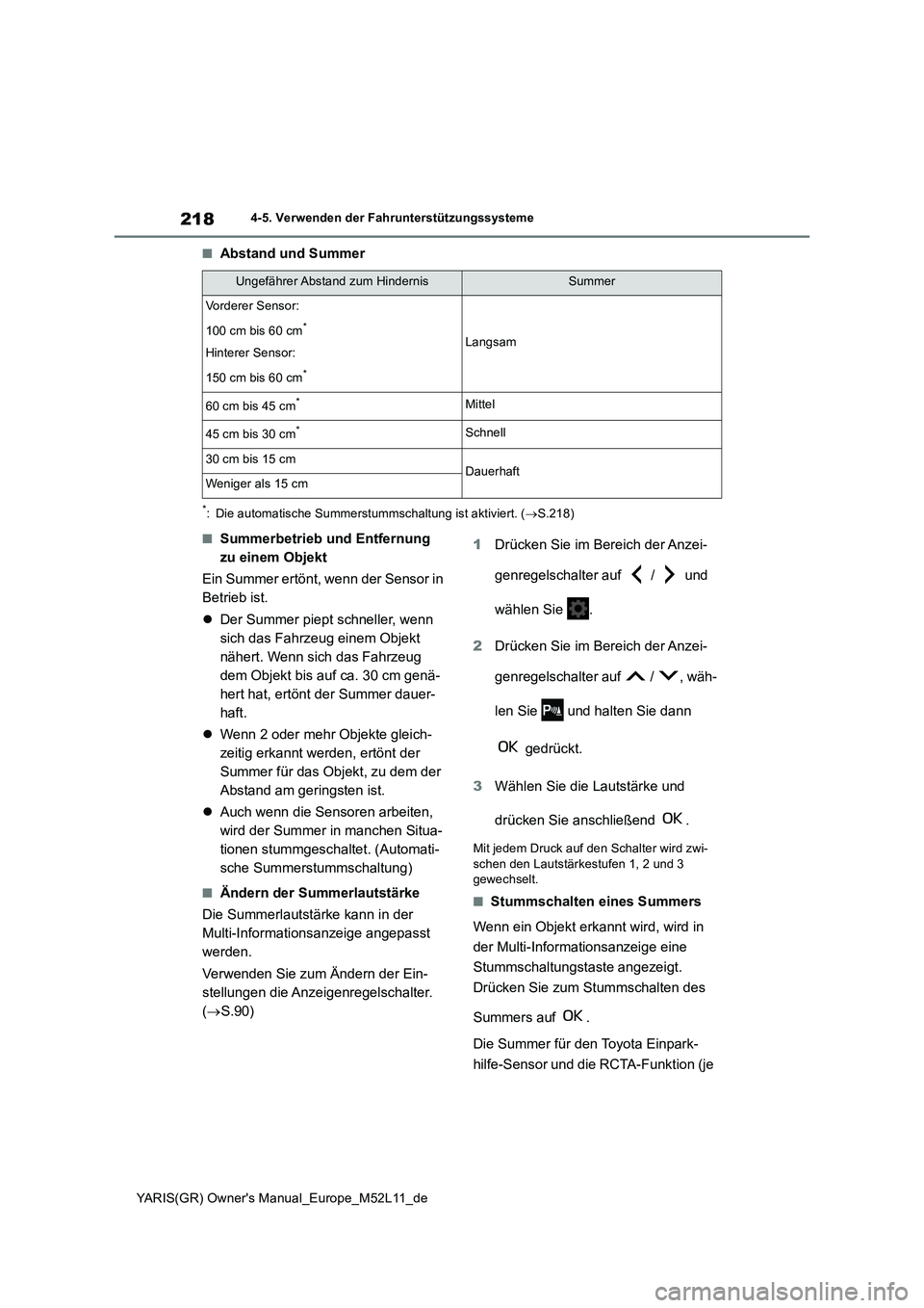 TOYOTA GR YARIS 2021 Betriebsanleitungen (in German) 218
YARIS(GR) Owners Manual_Europe_M52L11_de
4-5. Verwenden der Fahrunterstützungssysteme
■Abstand und Summer
*: Die automatische Summerstummschaltung ist aktiviert. (S.218)
■Summerbetrieb un TOYOTA GR YARIS 2021 Betriebsanleitungen (in German) 218
YARIS(GR) Owners Manual_Europe_M52L11_de
4-5. Verwenden der Fahrunterstützungssysteme
■Abstand und Summer
*: Die automatische Summerstummschaltung ist aktiviert. (S.218)
■Summerbetrieb un