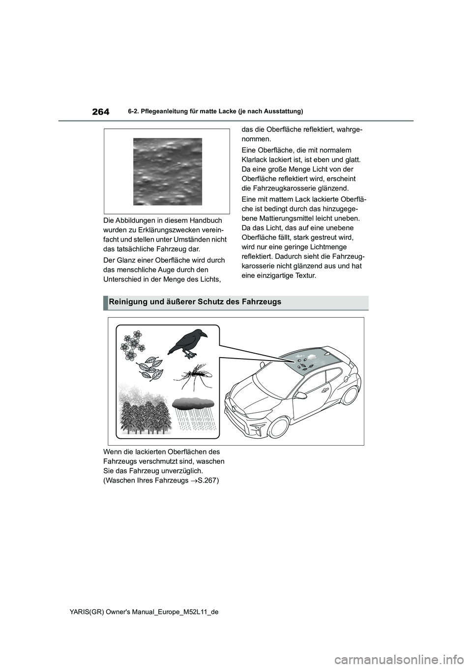 TOYOTA GR YARIS 2021  Betriebsanleitungen (in German) 264
YARIS(GR) Owners Manual_Europe_M52L11_de
6-2. Pflegeanleitung für matte Lacke (je nach Ausstattung)
Die Abbildungen in diesem Handbuch  
wurden zu Erklärungszwecken verein-
facht und stellen un