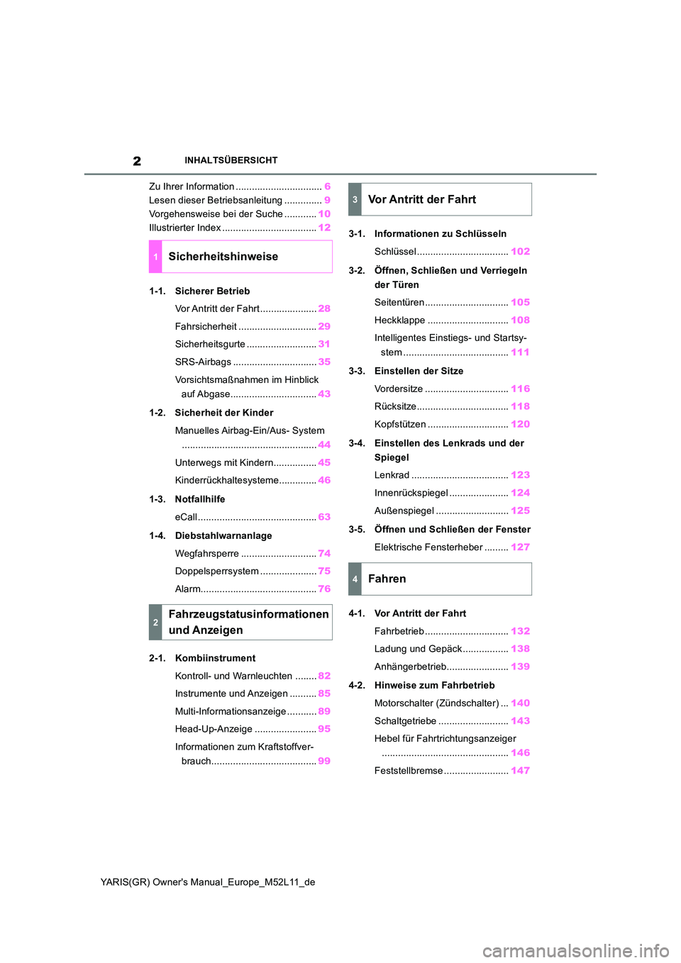 TOYOTA GR YARIS 2021 Betriebsanleitungen (in German) 2
YARIS(GR) Owners Manual_Europe_M52L11_de
INHALTSÜBERSICHT
Zu Ihrer Information ................................6
Lesen dieser Betriebsanleitung .............. 9
Vorgehensweise bei der Suche .... TOYOTA GR YARIS 2021 Betriebsanleitungen (in German) 2
YARIS(GR) Owners Manual_Europe_M52L11_de
INHALTSÜBERSICHT
Zu Ihrer Information ................................6
Lesen dieser Betriebsanleitung .............. 9
Vorgehensweise bei der Suche ....