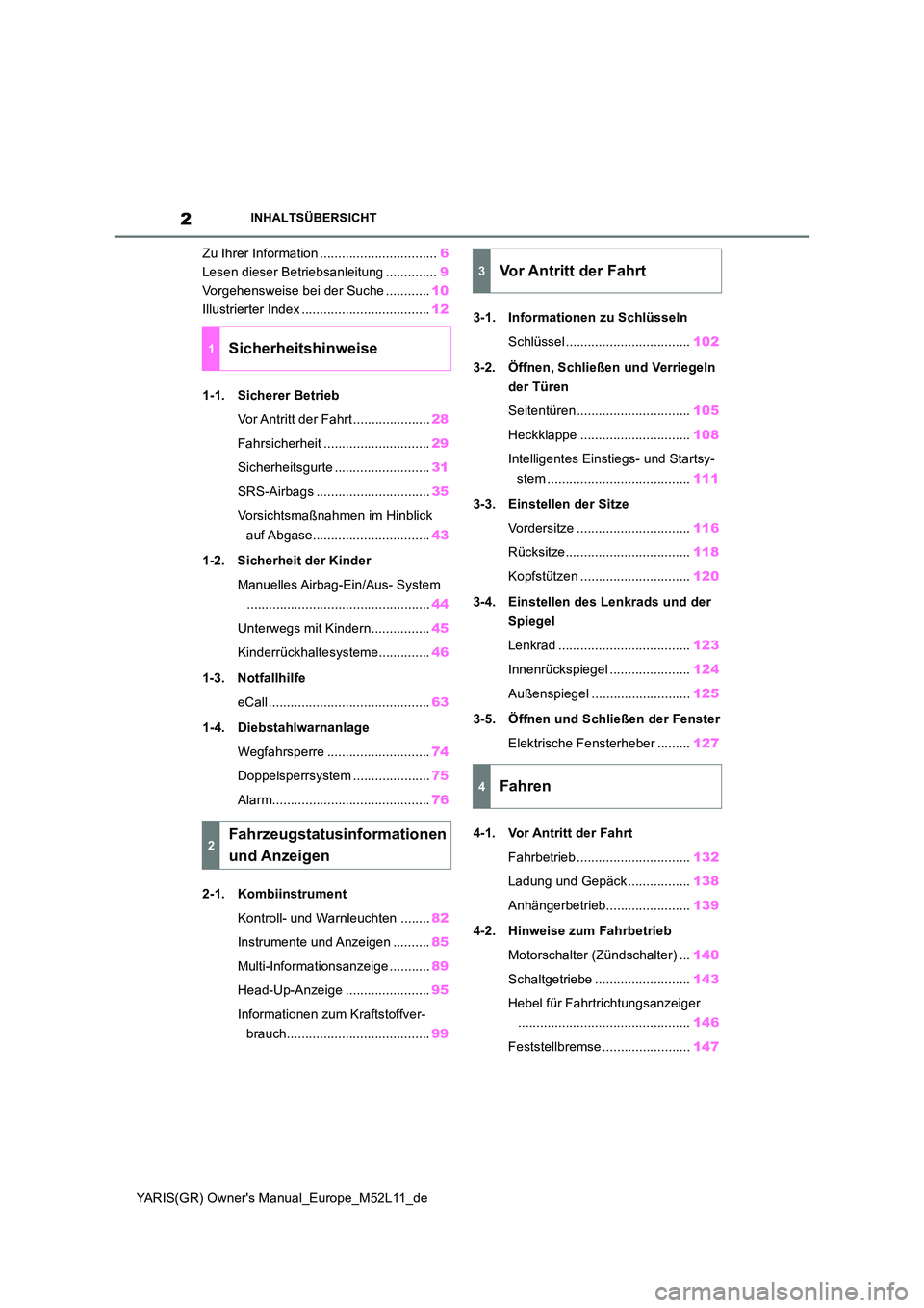 TOYOTA GR YARIS 2020  Betriebsanleitungen (in German) 2
YARIS(GR) Owners Manual_Europe_M52L11_de
INHALTSÜBERSICHT
Zu Ihrer Information ................................6 
Lesen dieser Betriebsanleitung .............. 9 
Vorgehensweise bei der Suche ....