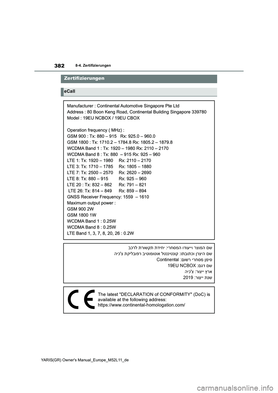 TOYOTA GR YARIS 2020  Betriebsanleitungen (in German) 382
YARIS(GR) Owners Manual_Europe_M52L11_de
8-4. Zertifizierungen
8-4.Zertifizierunge nZertifizierungen
eCall 