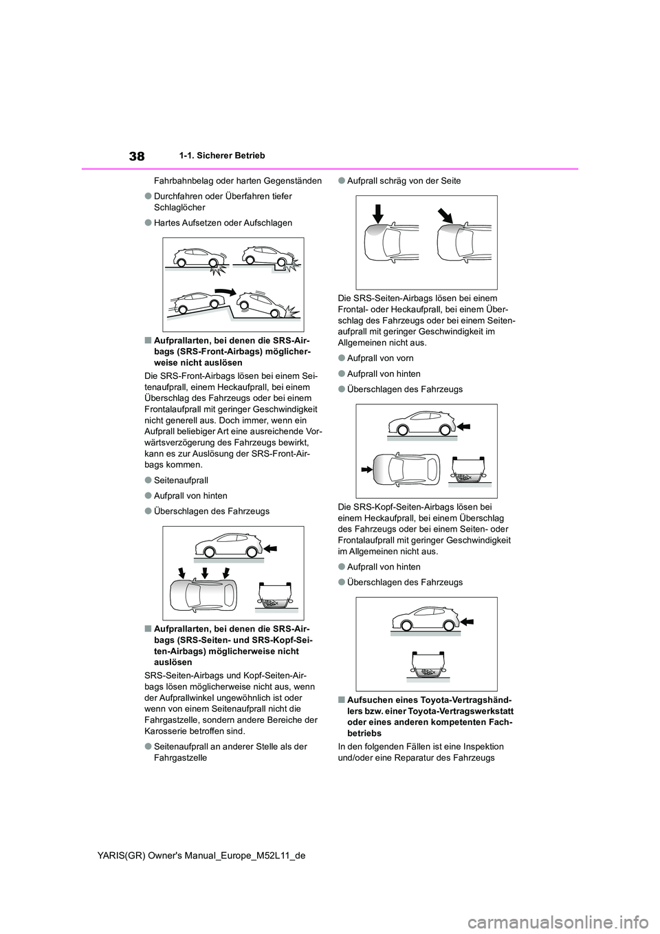 TOYOTA GR YARIS 2021 Betriebsanleitungen (in German) 38
YARIS(GR) Owners Manual_Europe_M52L11_de
1-1. Sicherer Betrieb
Fahrbahnbelag oder harten Gegenständen
●Durchfahren oder Überfahren tiefer
Schlaglöcher
●Hartes Aufsetzen oder Aufschlagen TOYOTA GR YARIS 2021 Betriebsanleitungen (in German) 38
YARIS(GR) Owners Manual_Europe_M52L11_de
1-1. Sicherer Betrieb
Fahrbahnbelag oder harten Gegenständen
●Durchfahren oder Überfahren tiefer
Schlaglöcher
●Hartes Aufsetzen oder Aufschlagen