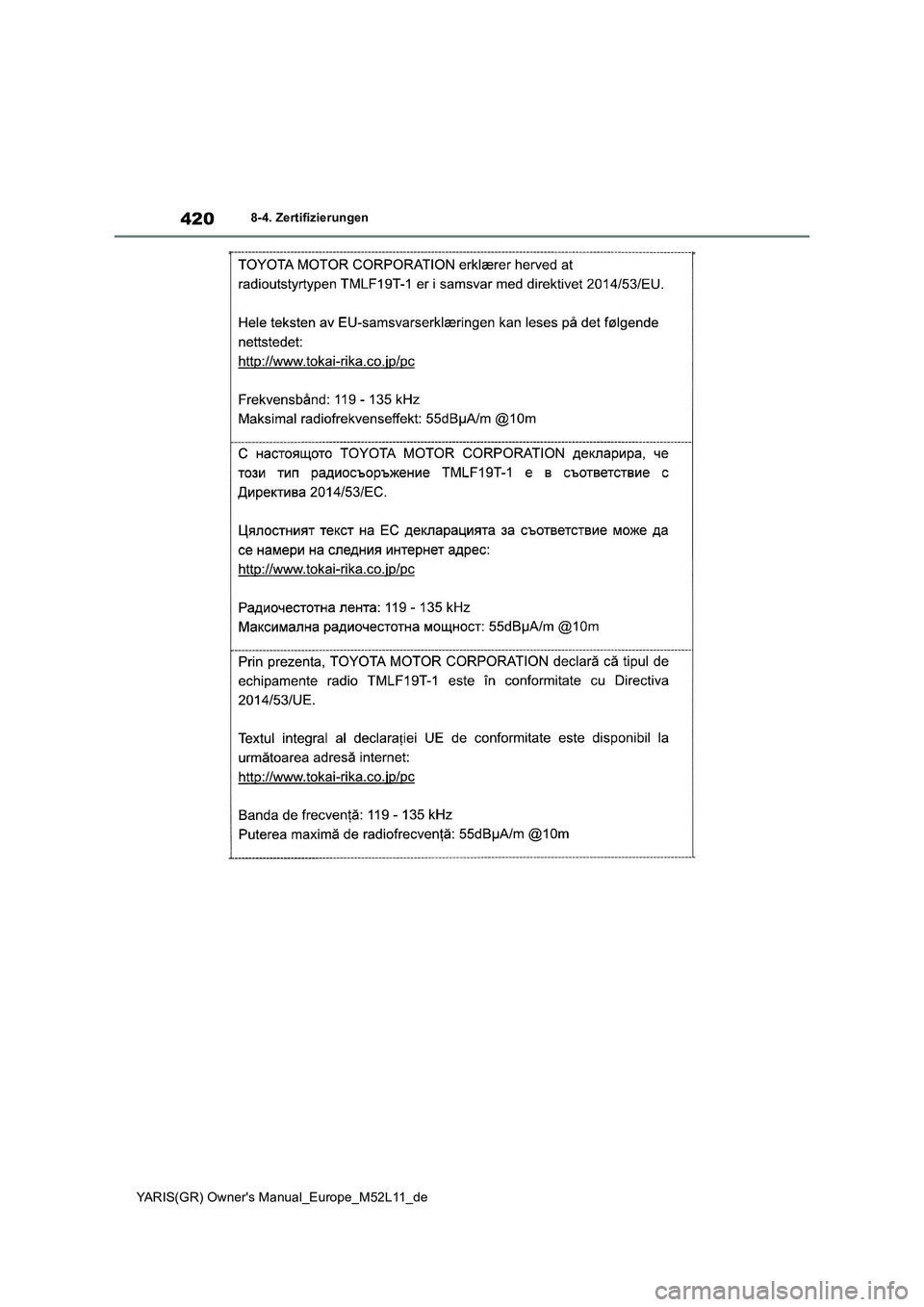 TOYOTA GR YARIS 2020  Betriebsanleitungen (in German) 420
YARIS(GR) Owners Manual_Europe_M52L11_de
8-4. Zertifizierungen 