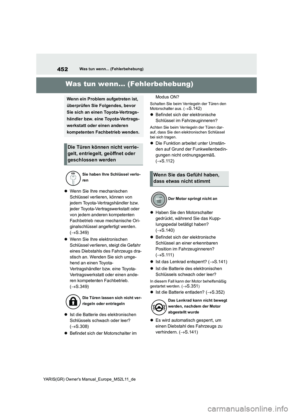 TOYOTA GR YARIS 2020 Betriebsanleitungen (in German) 452
YARIS(GR) Owners Manual_Europe_M52L11_de
Was tun wenn... (Fehlerbehebung)
1-1.Was tun wenn... (Fe hle rbe hebun g)Was tun wenn... (Fehlerbehebung)
Wenn Sie Ihre mechanischen
Schlüssel verli TOYOTA GR YARIS 2020 Betriebsanleitungen (in German) 452
YARIS(GR) Owners Manual_Europe_M52L11_de
Was tun wenn... (Fehlerbehebung)
1-1.Was tun wenn... (Fe hle rbe hebun g)Was tun wenn... (Fehlerbehebung)
Wenn Sie Ihre mechanischen
Schlüssel verli