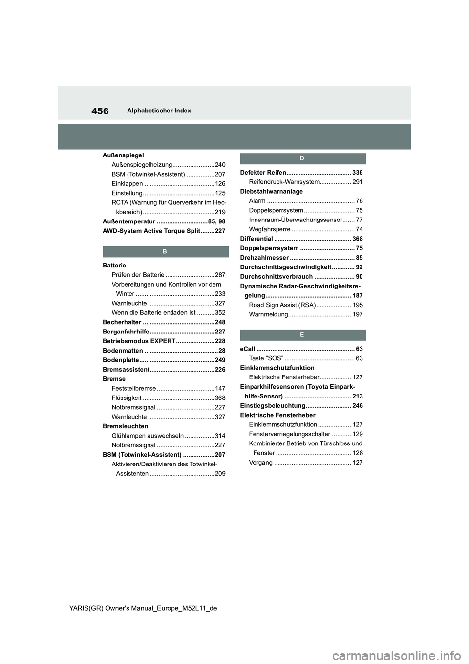 TOYOTA GR YARIS 2020 Betriebsanleitungen (in German) 456
YARIS(GR) Owners Manual_Europe_M52L11_de
Alphabetischer Index
Außenspiegel
Außenspiegelheizung ........................ 240
BSM (Totwinkel-Assistent) ................ 207
Einklappen ......... TOYOTA GR YARIS 2020 Betriebsanleitungen (in German) 456
YARIS(GR) Owners Manual_Europe_M52L11_de
Alphabetischer Index
Außenspiegel
Außenspiegelheizung ........................ 240
BSM (Totwinkel-Assistent) ................ 207
Einklappen .........