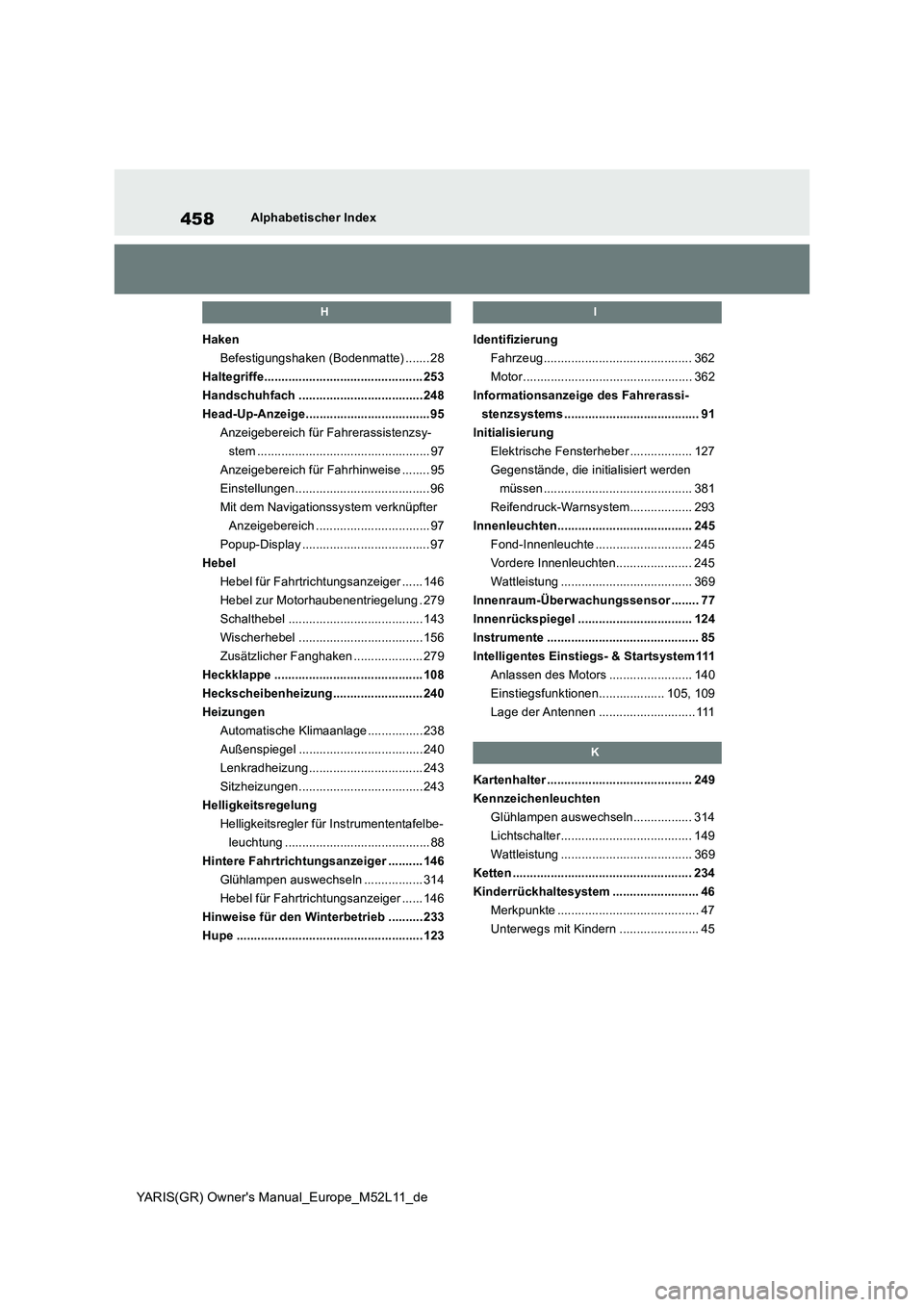 TOYOTA GR YARIS 2020 Betriebsanleitungen (in German) 458
YARIS(GR) Owners Manual_Europe_M52L11_de
Alphabetischer Index
H
Haken
Befestigungshaken (Bodenmatte) ....... 28
Haltegriffe.............................................. 253
Handschuhfach ...... TOYOTA GR YARIS 2020 Betriebsanleitungen (in German) 458
YARIS(GR) Owners Manual_Europe_M52L11_de
Alphabetischer Index
H
Haken
Befestigungshaken (Bodenmatte) ....... 28
Haltegriffe.............................................. 253
Handschuhfach ......