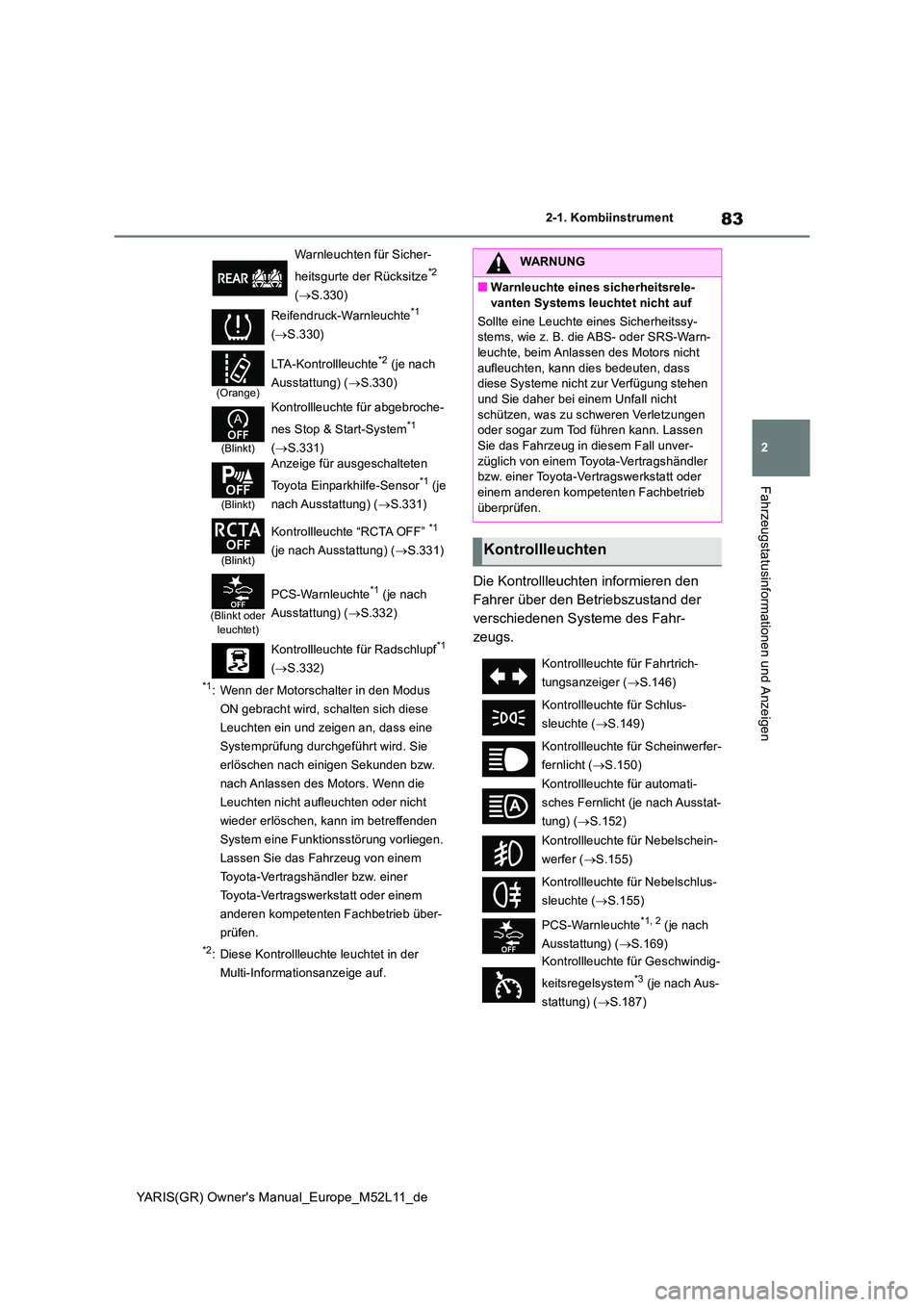TOYOTA GR YARIS 2021  Betriebsanleitungen (in German) 83
2
YARIS(GR) Owners Manual_Europe_M52L11_de
2-1. Kombiinstrument
Fahrzeugstatusinformationen und Anzeigen
*1: Wenn der Motorschalter in den Modus  
ON gebracht wird, schalten sich diese 
Leuchten e