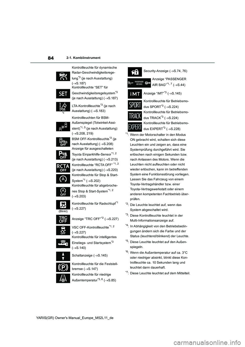 TOYOTA GR YARIS 2020  Betriebsanleitungen (in German) 84
YARIS(GR) Owners Manual_Europe_M52L11_de
2-1. Kombiinstrument
*1: Wenn der Motorschalter in den Modus  
ON gebracht wird, schalten sich diese 
Leuchten ein und zeigen an, dass eine 
Systemprüfung