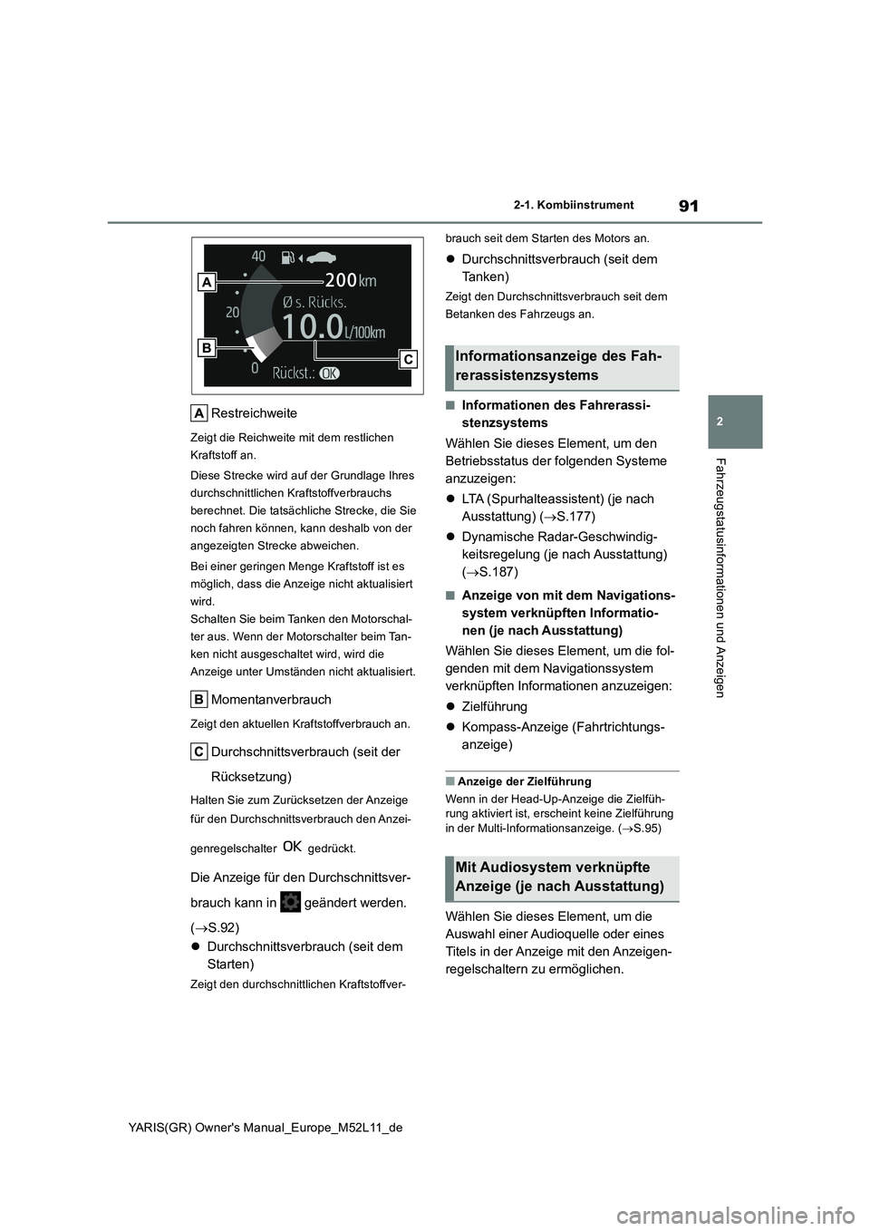 TOYOTA GR YARIS 2021  Betriebsanleitungen (in German) 91
2
YARIS(GR) Owners Manual_Europe_M52L11_de
2-1. Kombiinstrument
Fahrzeugstatusinformationen und Anzeigen
Restreichweite
Zeigt die Reichweite mit dem restlichen  
Kraftstoff an. 
Diese Strecke wird