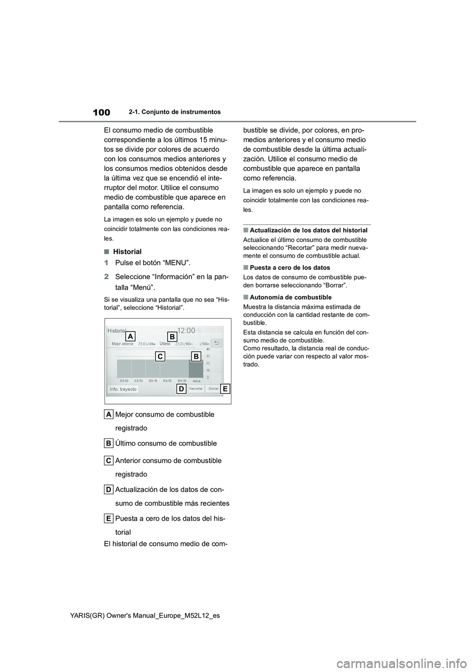 TOYOTA GR YARIS 2021 Manual del propietario (in Spanish) 100
YARIS(GR) Owners Manual_Europe_M52L12_es
2-1. Conjunto de instrumentos
El consumo medio de combustible
correspondiente a los últimos 15 minu-
tos se divide por colores de acuerdo
con los cons TOYOTA GR YARIS 2021 Manual del propietario (in Spanish) 100
YARIS(GR) Owners Manual_Europe_M52L12_es
2-1. Conjunto de instrumentos
El consumo medio de combustible
correspondiente a los últimos 15 minu-
tos se divide por colores de acuerdo
con los cons