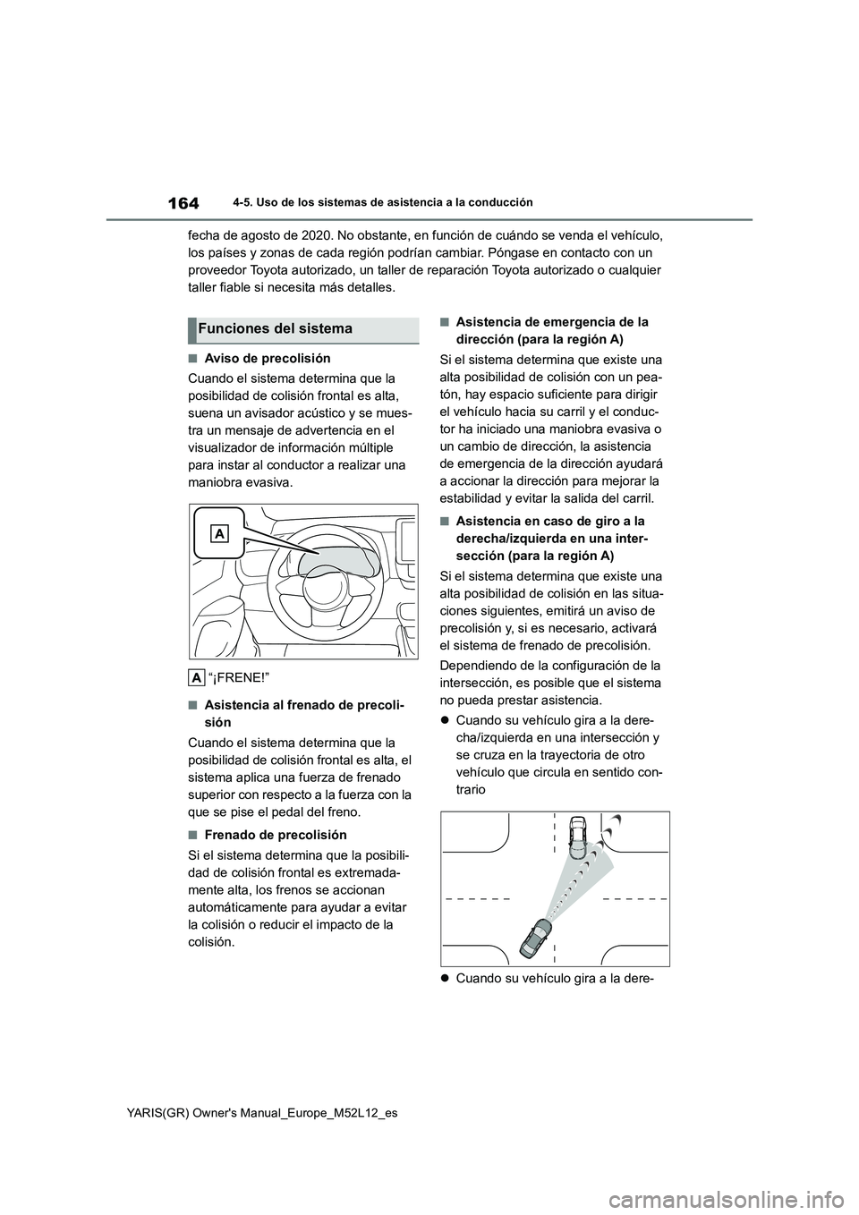 TOYOTA GR YARIS 2021  Manual del propietario (in Spanish) 164
YARIS(GR) Owners Manual_Europe_M52L12_es
4-5. Uso de los sistemas de asistencia a la conducción
fecha de agosto de 2020. No obstante, en función de cuándo se venda el vehículo,  
los países 