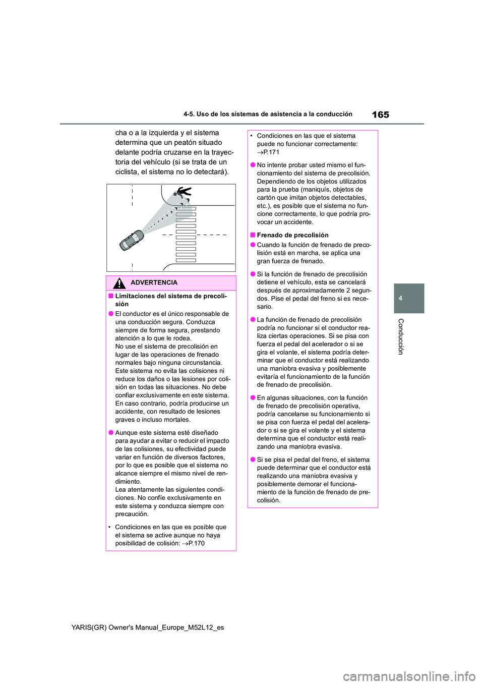 TOYOTA GR YARIS 2021  Manual del propietario (in Spanish) 165
4
YARIS(GR) Owners Manual_Europe_M52L12_es
4-5. Uso de los sistemas de asistencia a la conducción
Conducción
cha o a la izquierda y el sistema  
determina que un peatón situado 
delante podrí