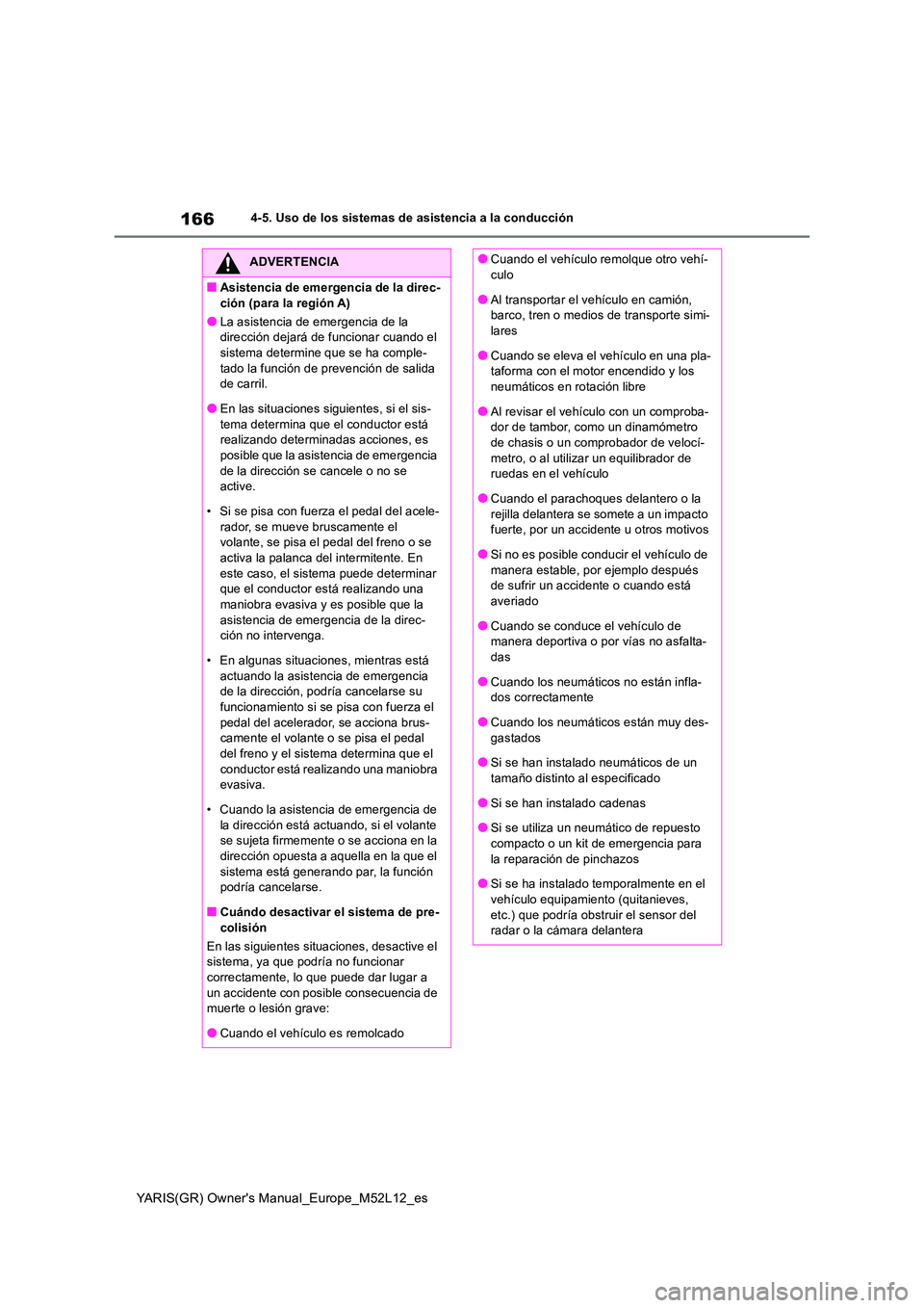 TOYOTA GR YARIS 2021  Manual del propietario (in Spanish) 166
YARIS(GR) Owners Manual_Europe_M52L12_es
4-5. Uso de los sistemas de asistencia a la conducción
ADVERTENCIA
■Asistencia de emergencia de la direc- 
ción (para la región A)
●La asistencia d