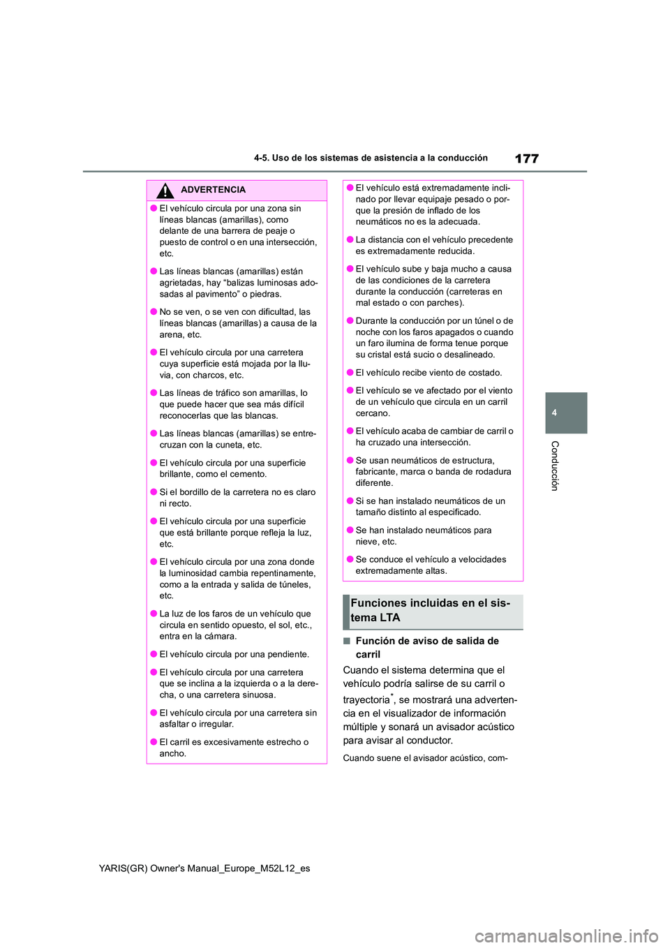 TOYOTA GR YARIS 2021  Manual del propietario (in Spanish) 177
4
YARIS(GR) Owners Manual_Europe_M52L12_es
4-5. Uso de los sistemas de asistencia a la conducción
Conducción
■Función de aviso de salida de  
carril 
Cuando el sistema determina que el  
veh
