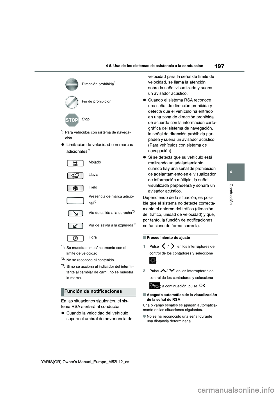 TOYOTA GR YARIS 2021  Manual del propietario (in Spanish) 197
4
YARIS(GR) Owners Manual_Europe_M52L12_es
4-5. Uso de los sistemas de asistencia a la conducción
Conducción
*: Para vehículos con sistema de navega- 
ción
 Limitación de velocidad con ma