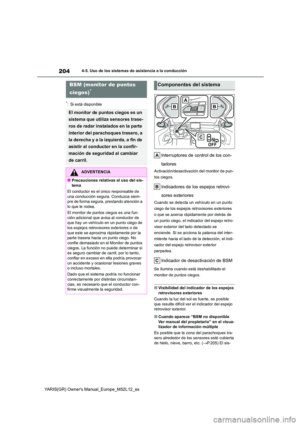 TOYOTA GR YARIS 2021  Manual del propietario (in Spanish) 204
YARIS(GR) Owners Manual_Europe_M52L12_es
4-5. Uso de los sistemas de asistencia a la conducción
*: Si está disponible
Interruptores de control de los con- 
tadores
Activación/desactivación de