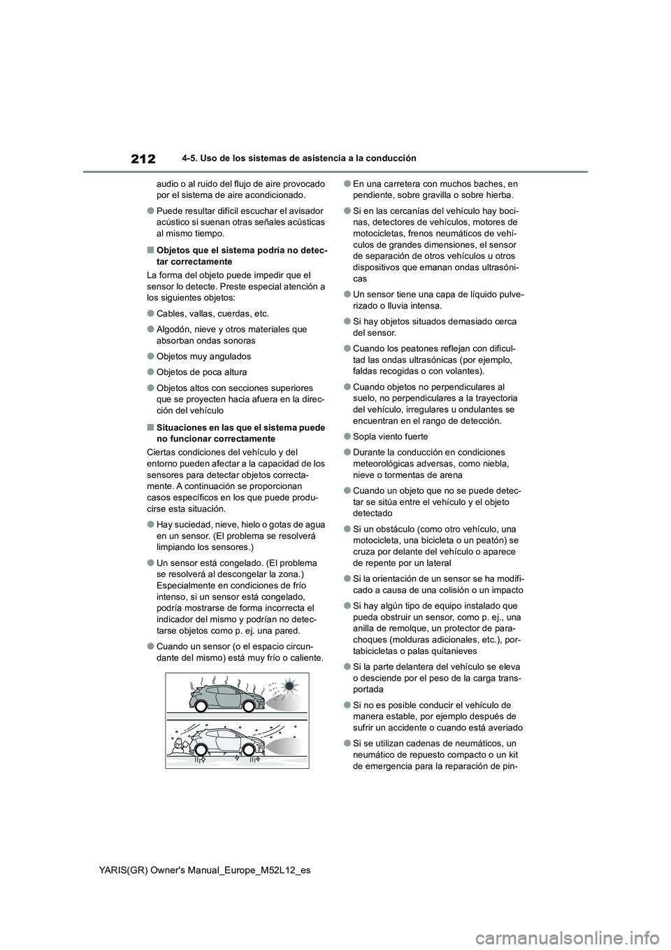 TOYOTA GR YARIS 2021  Manual del propietario (in Spanish) 212
YARIS(GR) Owners Manual_Europe_M52L12_es
4-5. Uso de los sistemas de asistencia a la conducción 
audio o al ruido del flujo de aire provocado  por el sistema de aire acondicionado.
●Puede resu