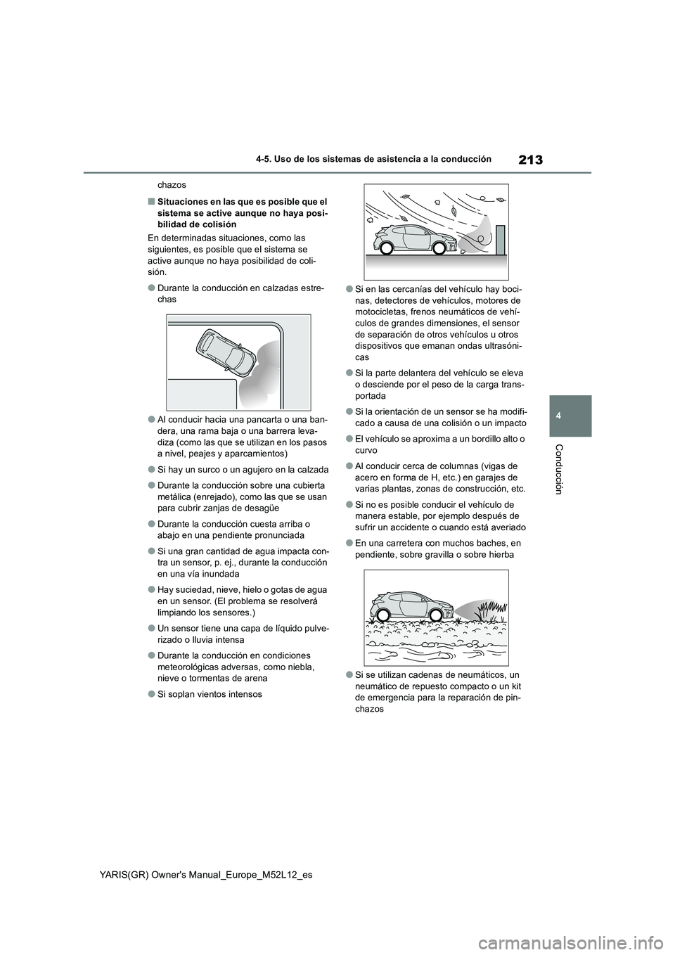 TOYOTA GR YARIS 2021  Manual del propietario (in Spanish) 213
4
YARIS(GR) Owners Manual_Europe_M52L12_es
4-5. Uso de los sistemas de asistencia a la conducción
Conducción
chazos
■Situaciones en las que es posible que el  sistema se active aunque no haya