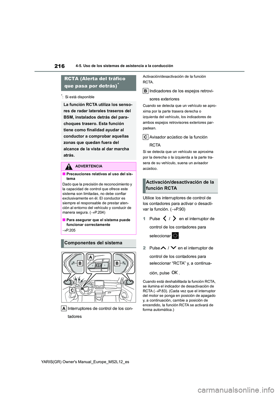 TOYOTA GR YARIS 2021  Manual del propietario (in Spanish) 216
YARIS(GR) Owners Manual_Europe_M52L12_es
4-5. Uso de los sistemas de asistencia a la conducción
*: Si está disponible
Interruptores de control de los con- 
tadores
Activación/desactivación de