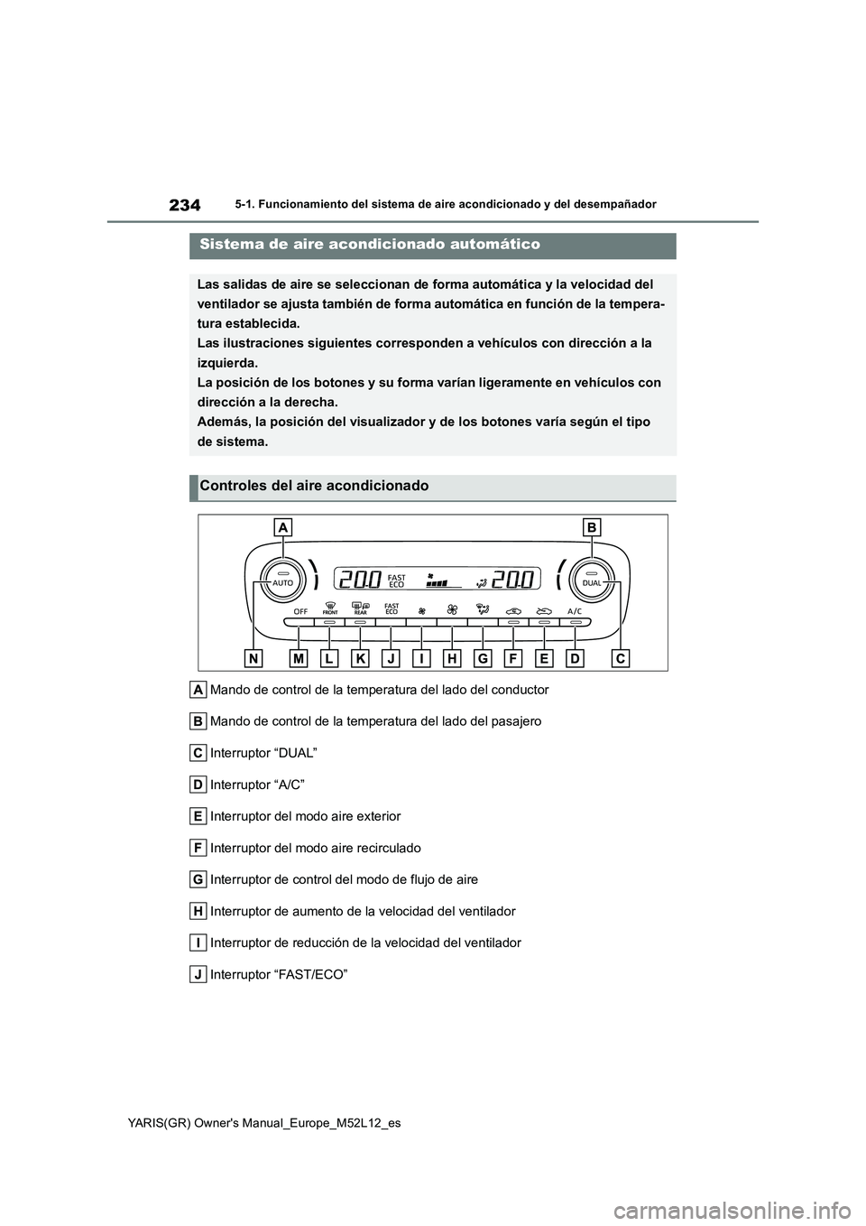 TOYOTA GR YARIS 2021  Manual del propietario (in Spanish) 234
YARIS(GR) Owners Manual_Europe_M52L12_es
5-1. Funcionamiento del sistema de aire acondicionado y del desempañador
5-1.Func ion amie nto de l siste ma d e aire acon dic io nado y del dese mp aña