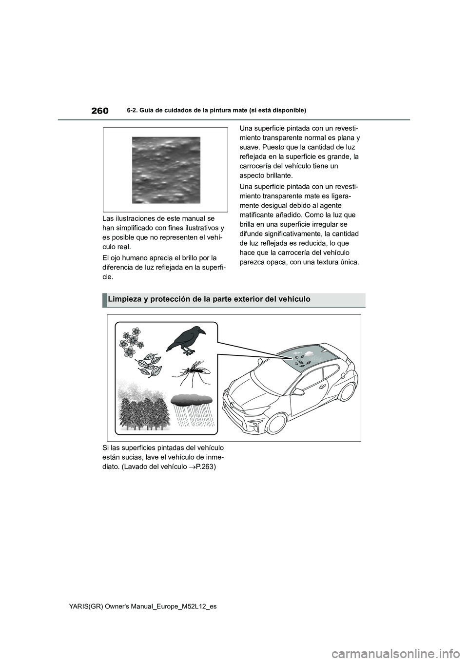 TOYOTA GR YARIS 2021  Manual del propietario (in Spanish) 260
YARIS(GR) Owners Manual_Europe_M52L12_es
6-2. Guía de cuidados de la pintura mate (si está disponible)
Las ilustraciones de este manual se  
han simplificado con fines ilustrativos y 
es posibl