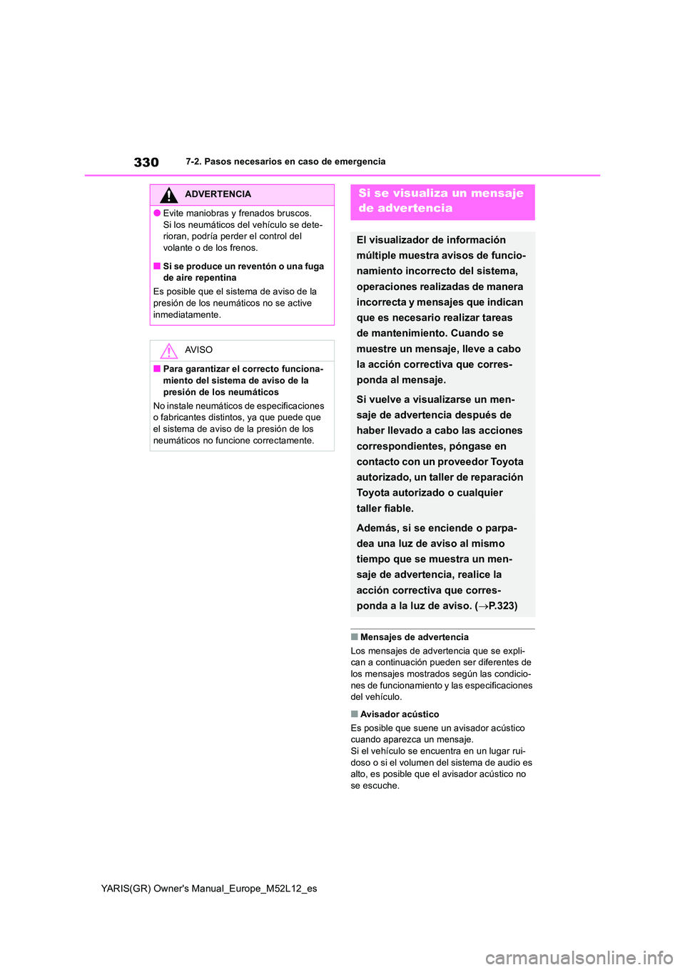 TOYOTA GR YARIS 2021 Manual del propietario (in Spanish) 330
YARIS(GR) Owners Manual_Europe_M52L12_es
7-2. Pasos necesarios en caso de emergencia
■Mensajes de advertencia
Los mensajes de advertencia que se expli- can a continuación pueden ser diferente TOYOTA GR YARIS 2021 Manual del propietario (in Spanish) 330
YARIS(GR) Owners Manual_Europe_M52L12_es
7-2. Pasos necesarios en caso de emergencia
■Mensajes de advertencia
Los mensajes de advertencia que se expli- can a continuación pueden ser diferente
