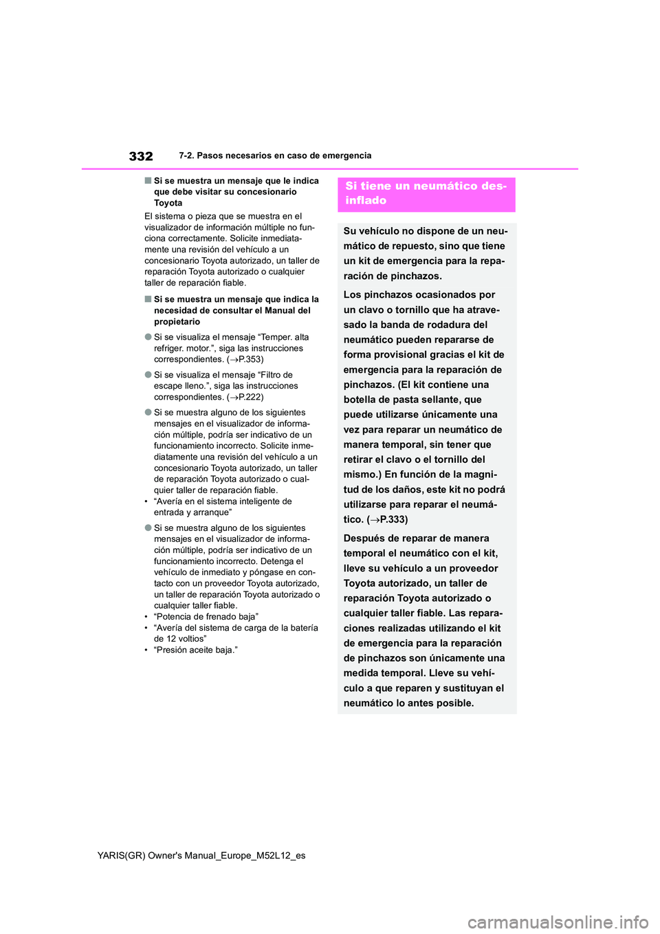TOYOTA GR YARIS 2021 Manual del propietario (in Spanish) 332
YARIS(GR) Owners Manual_Europe_M52L12_es
7-2. Pasos necesarios en caso de emergencia
■Si se muestra un mensaje que le indica que debe visitar su concesionario To y o t a
El sistema o pieza qu TOYOTA GR YARIS 2021 Manual del propietario (in Spanish) 332
YARIS(GR) Owners Manual_Europe_M52L12_es
7-2. Pasos necesarios en caso de emergencia
■Si se muestra un mensaje que le indica que debe visitar su concesionario To y o t a
El sistema o pieza qu